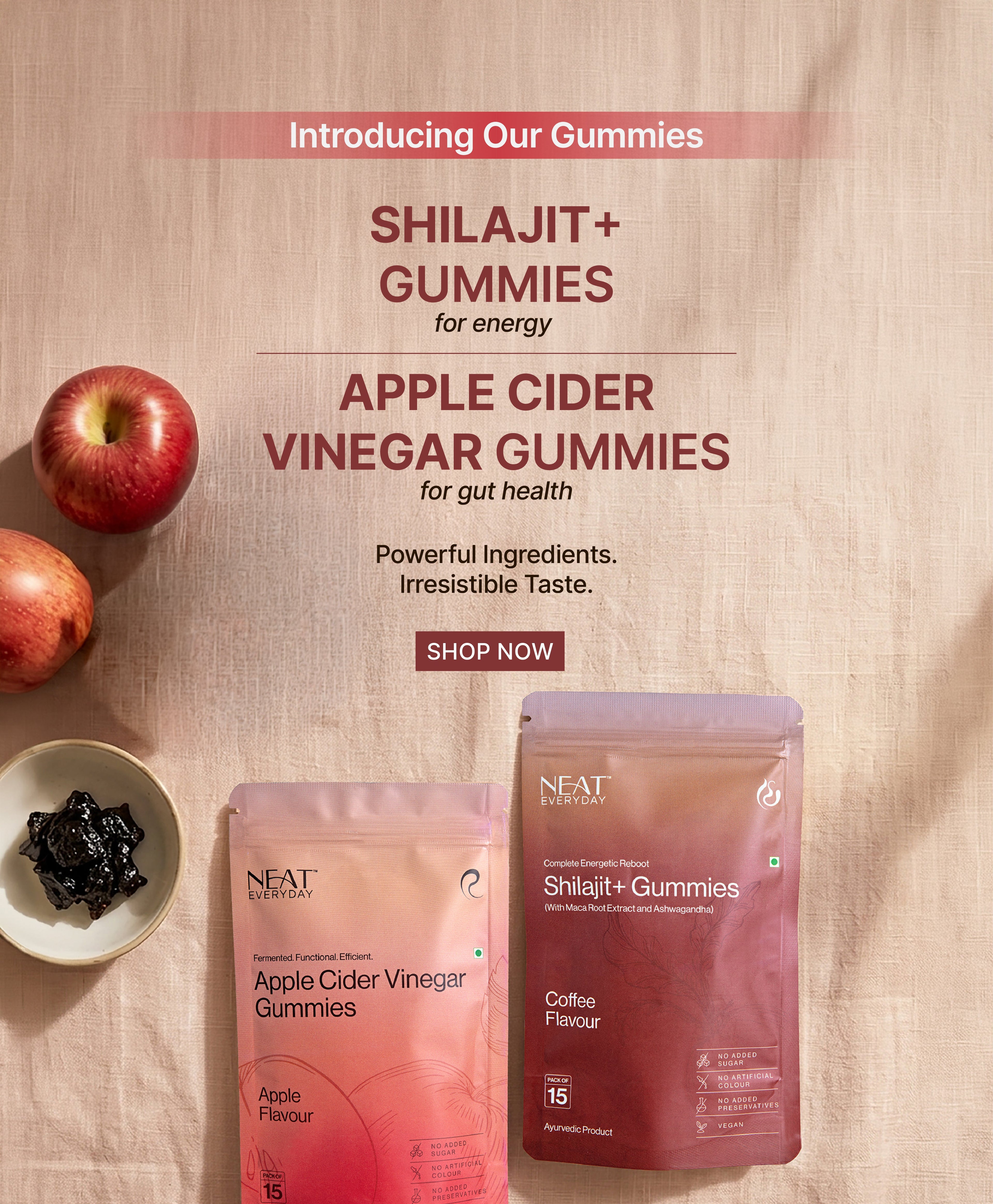 Advertisement for Shilajit+ Gummies with packaging and ingredients on a wooden surface