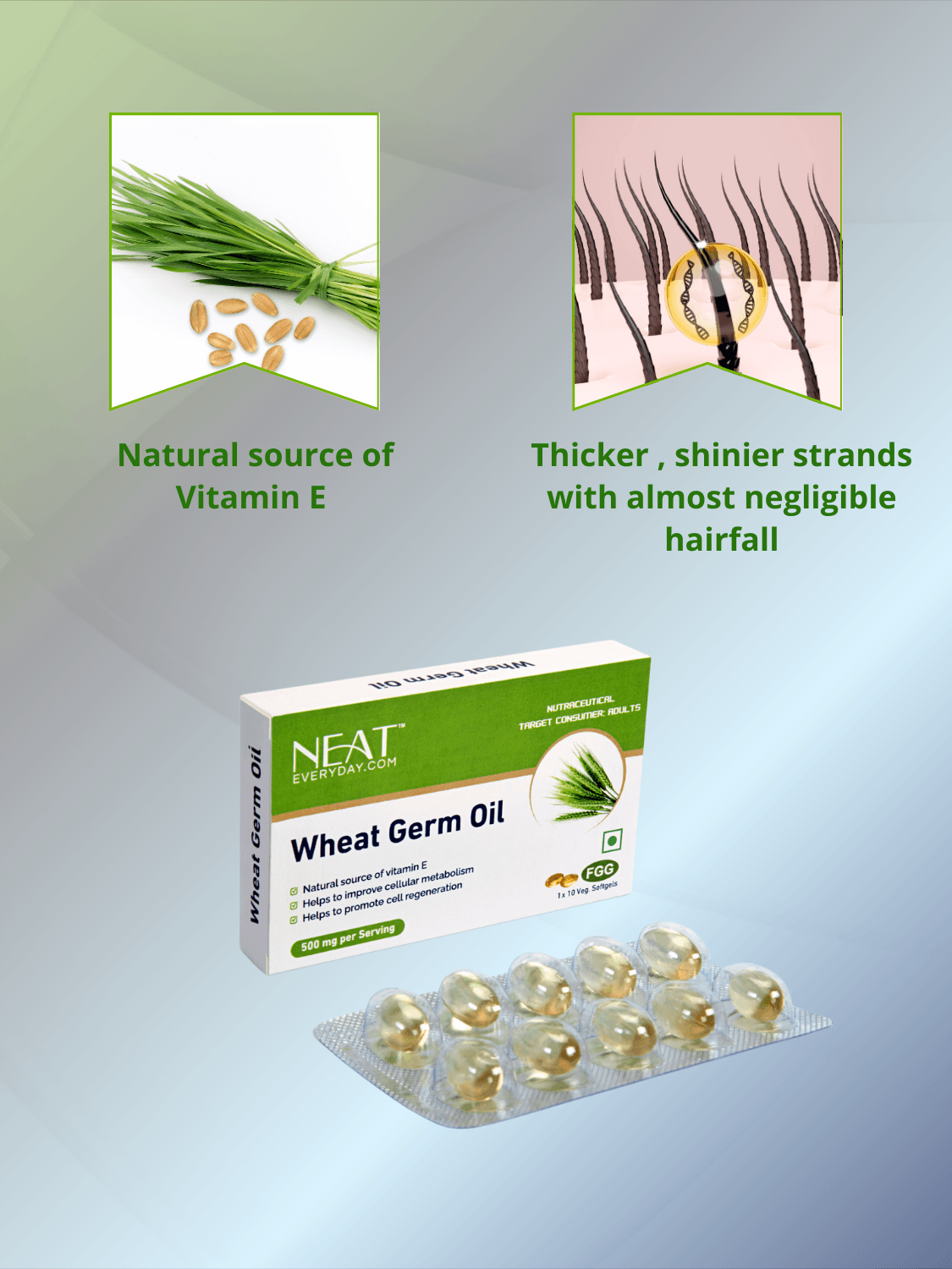Wheat Germ Oil capsules in Hairfall Rescue Oil bundle provide natural vitamin E for thicker, shinier hair and reduced hair fall.