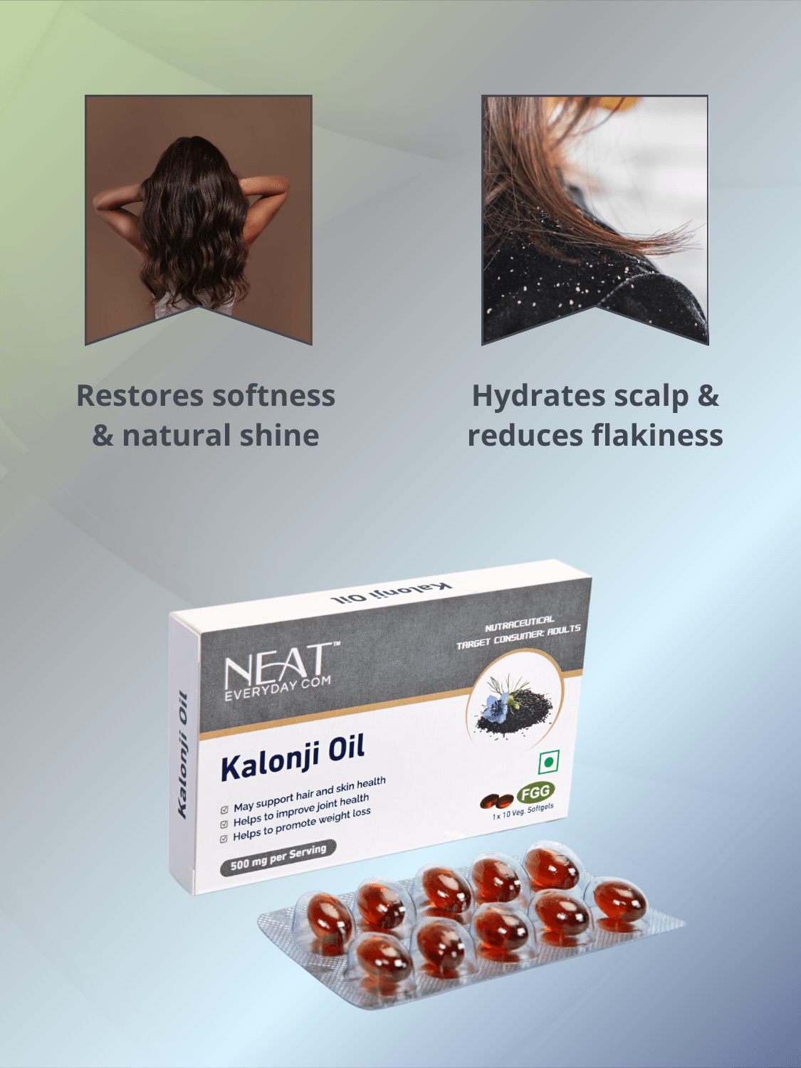 Kalonji Oil capsules in Hairfall Rescue Oil bundle restore shine, hydrate scalp, and reduce flakiness for healthier hair.