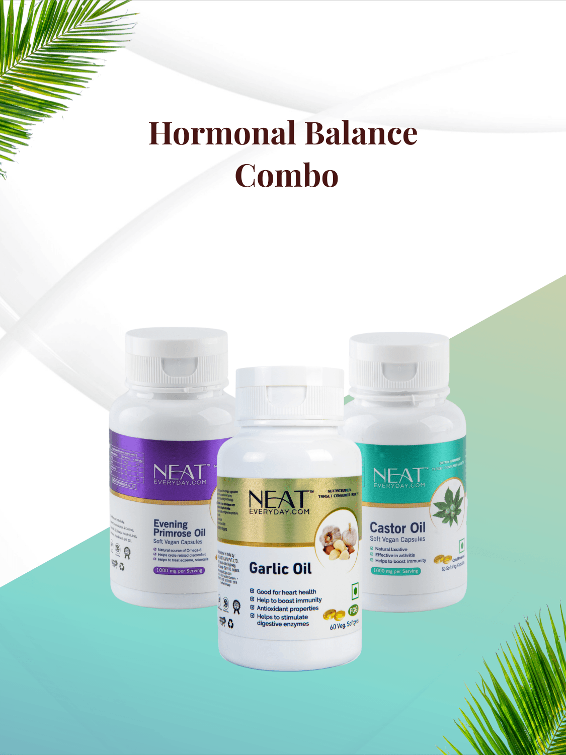 Hormonal Balance Combo – Women Wellness bundle with Evening Primrose Oil, Garlic Oil, and Castor Oil for PMS relief and hormonal health.