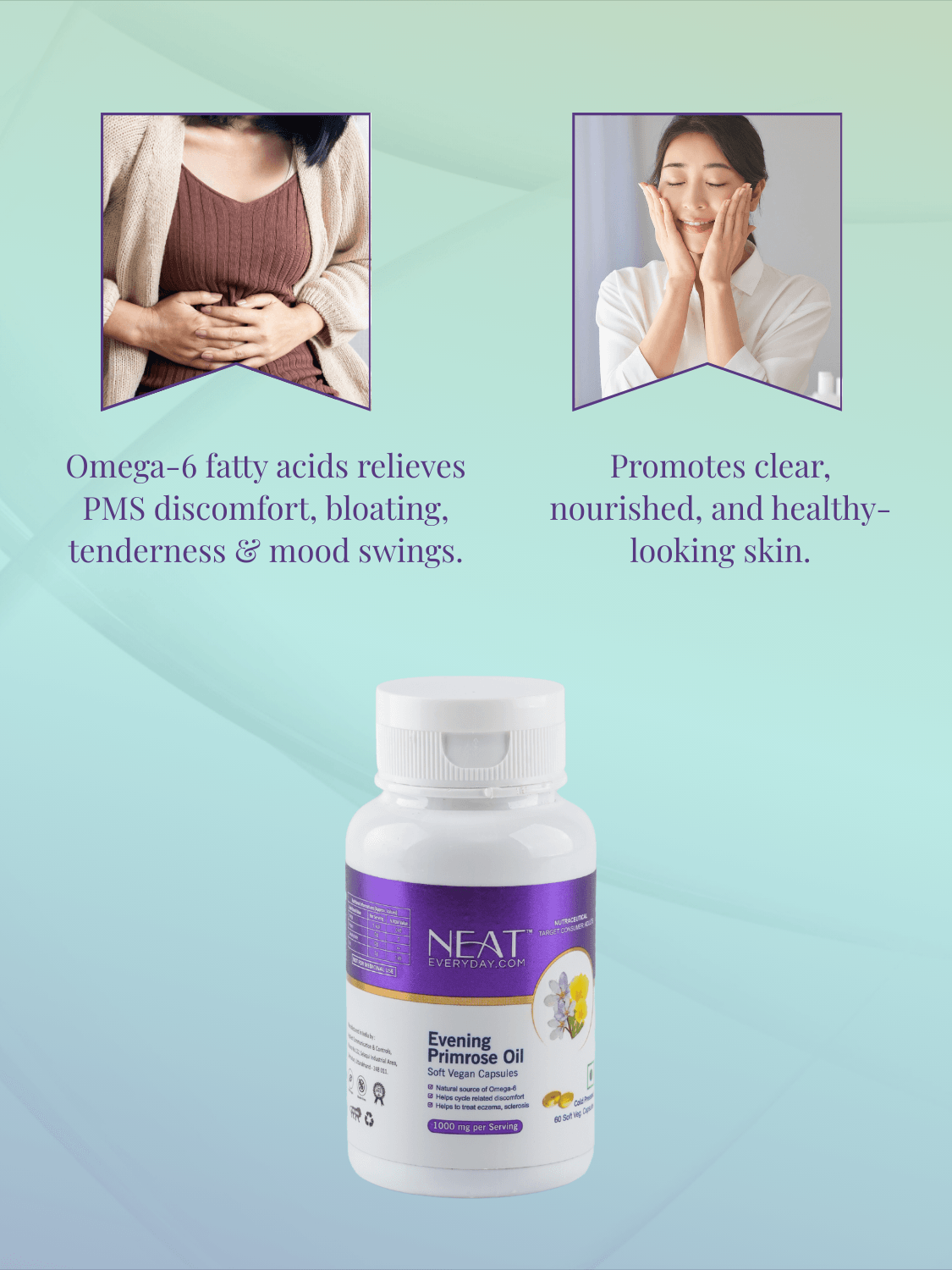 Evening Primrose Oil from Hormonal Balance Combo supports PMS relief, mood balance, and promotes clear, nourished skin for women wellness.