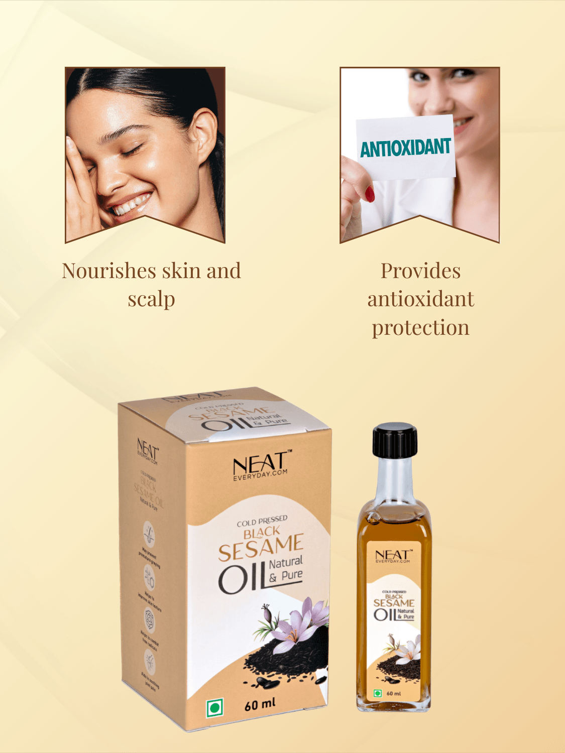 Cold-pressed black sesame oil from Hridaya Raksha Heart Care Combo supports skin nourishment and antioxidant protection for daily wellness.