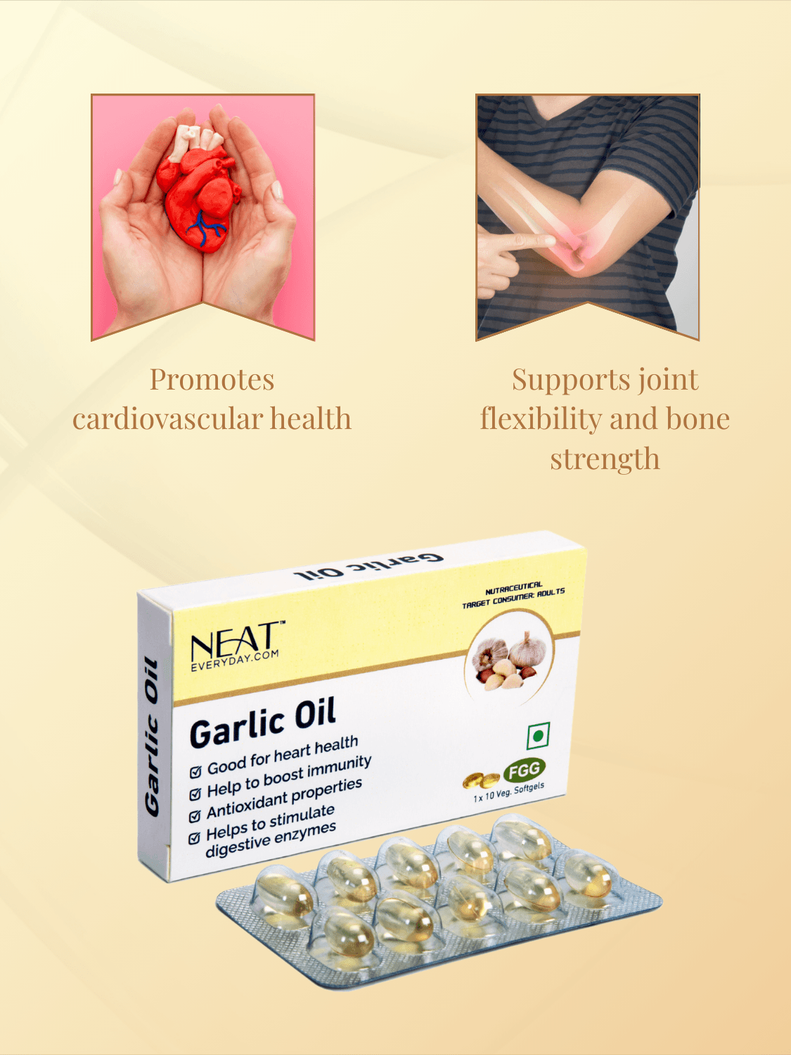 Garlic oil softgels in Hridaya Raksha Heart Care Combo promote cardiovascular health, joint strength, and antioxidant support naturally.