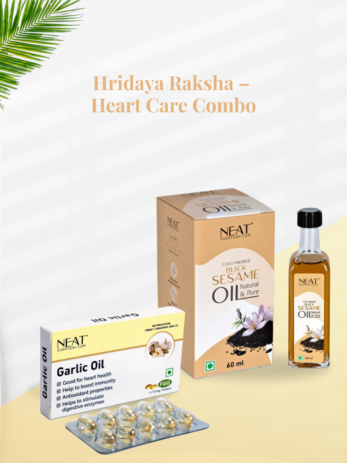 Hridaya Raksha Heart Care Combo – Wellness bundle with garlic oil softgels and black sesame oil for heart health and cholesterol balance.
