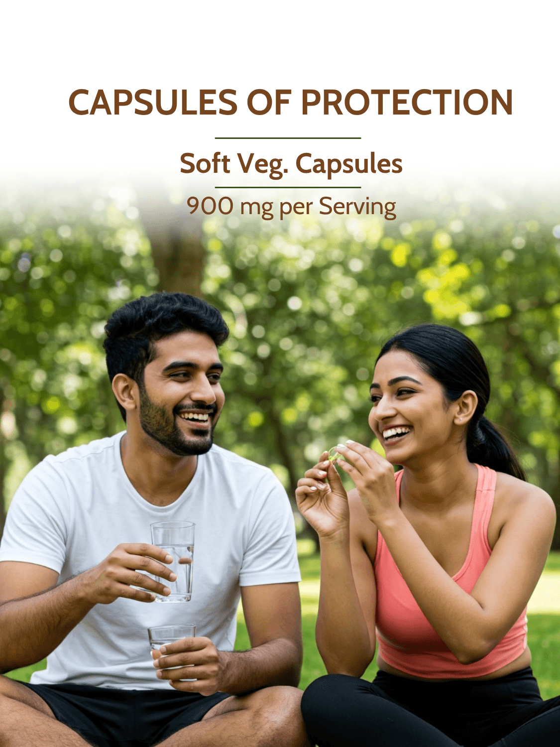 Active couple taking Immunity Booster Soft Vegan Capsules outdoors, promoting 900 mg per serving for energy and immune protection.