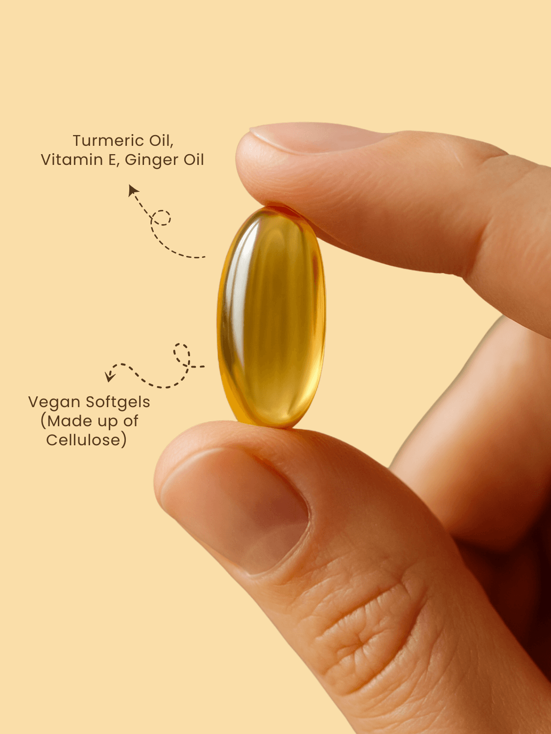 Hand holding Immunity Booster Soft Vegan Capsule made of cellulose with turmeric oil, ginger oil, and vitamin E for plant-based wellness.
