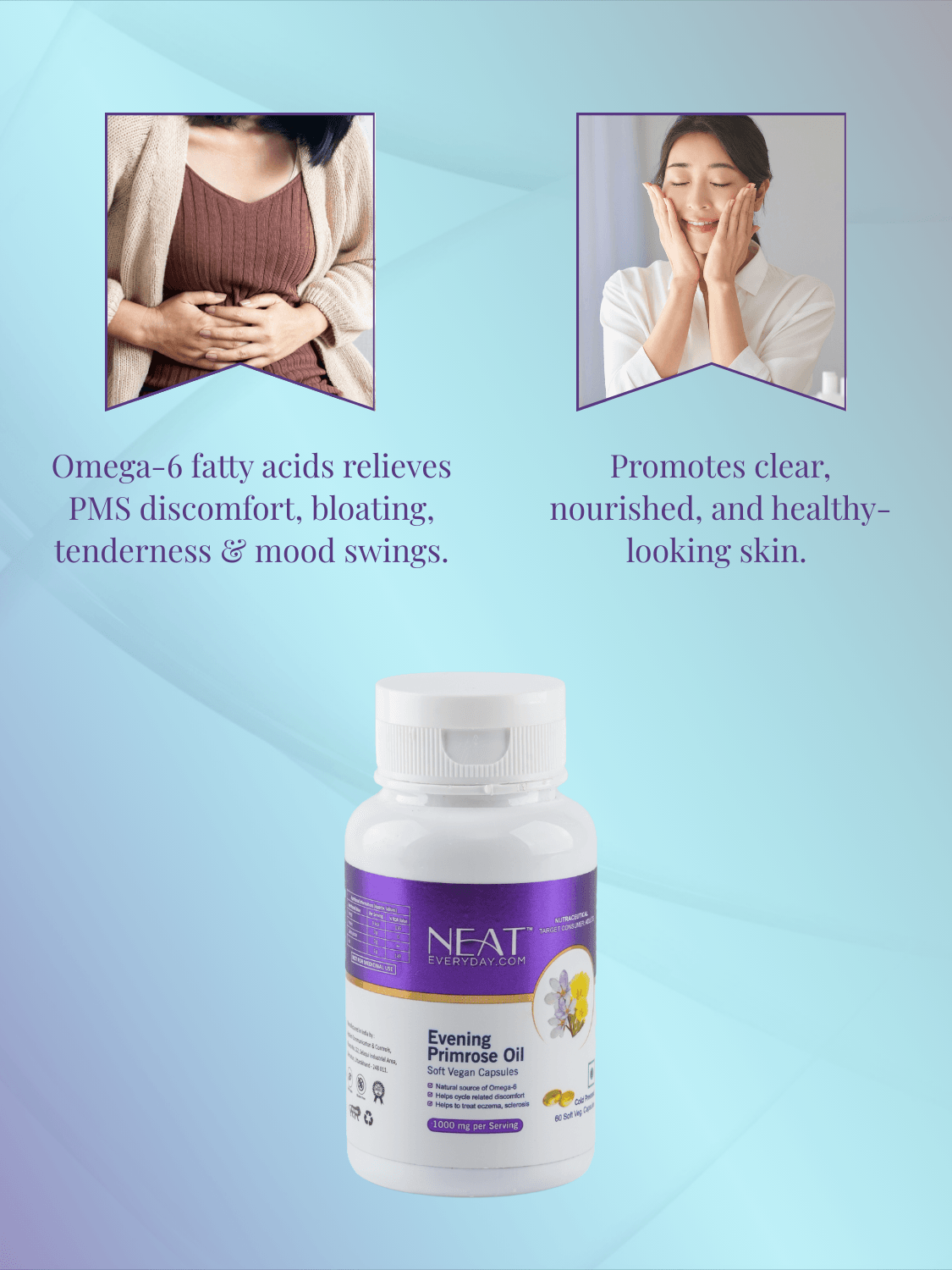 Evening Primrose Oil supplement shown with benefits for PMS relief and skin nourishment, part of the Joint and Inflammation Support Combo bundle.