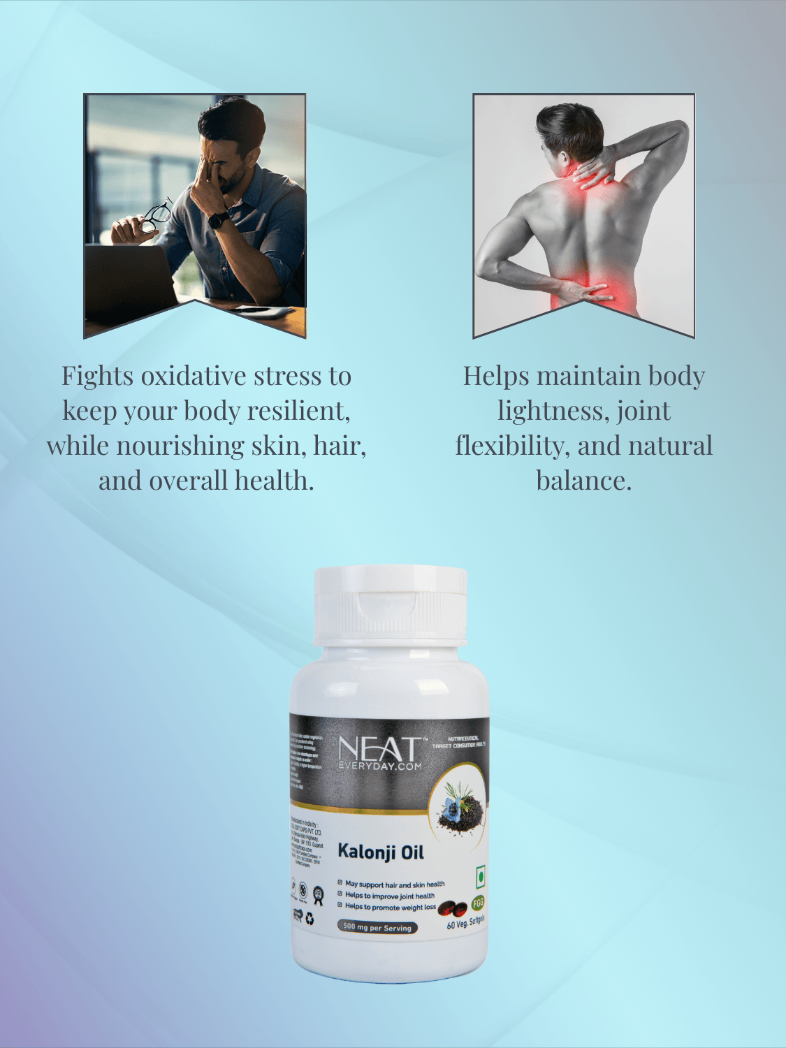 Kalonji Oil supplement highlighting benefits for oxidative stress, joint flexibility, and skin health in the Joint and Inflammation Support Combo.
