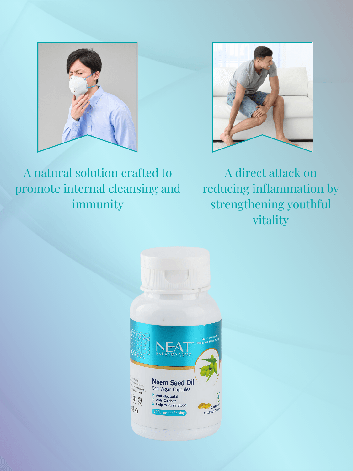 Neem Seed Oil supplement promoting immunity and inflammation reduction, included in the Joint and Inflammation Support Combo wellness bundle.