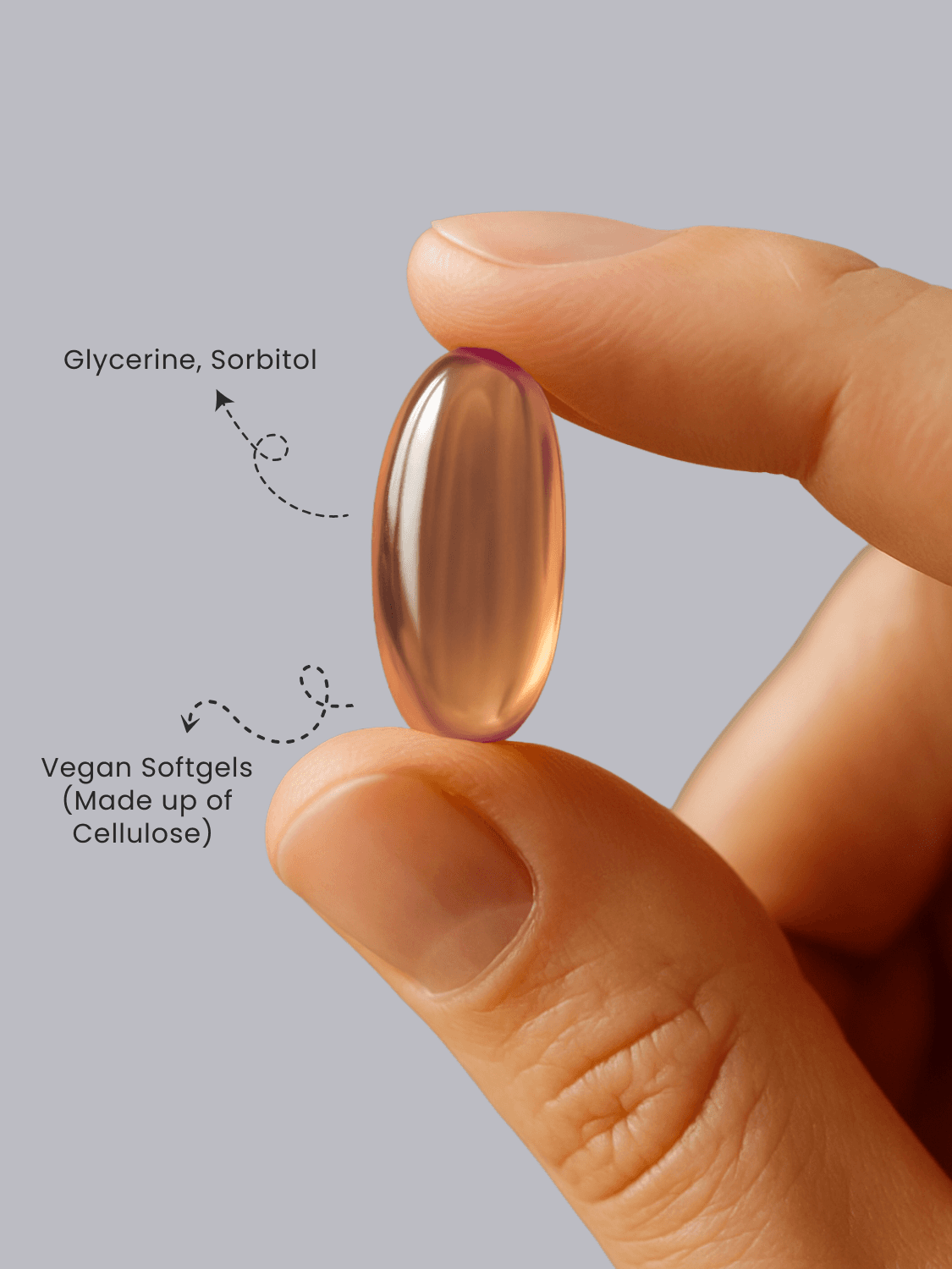Close-up of Kalonji Oil Softgel Capsule labeled with ingredients like glycerine and sorbitol, made from vegan cellulose for plant-based health.