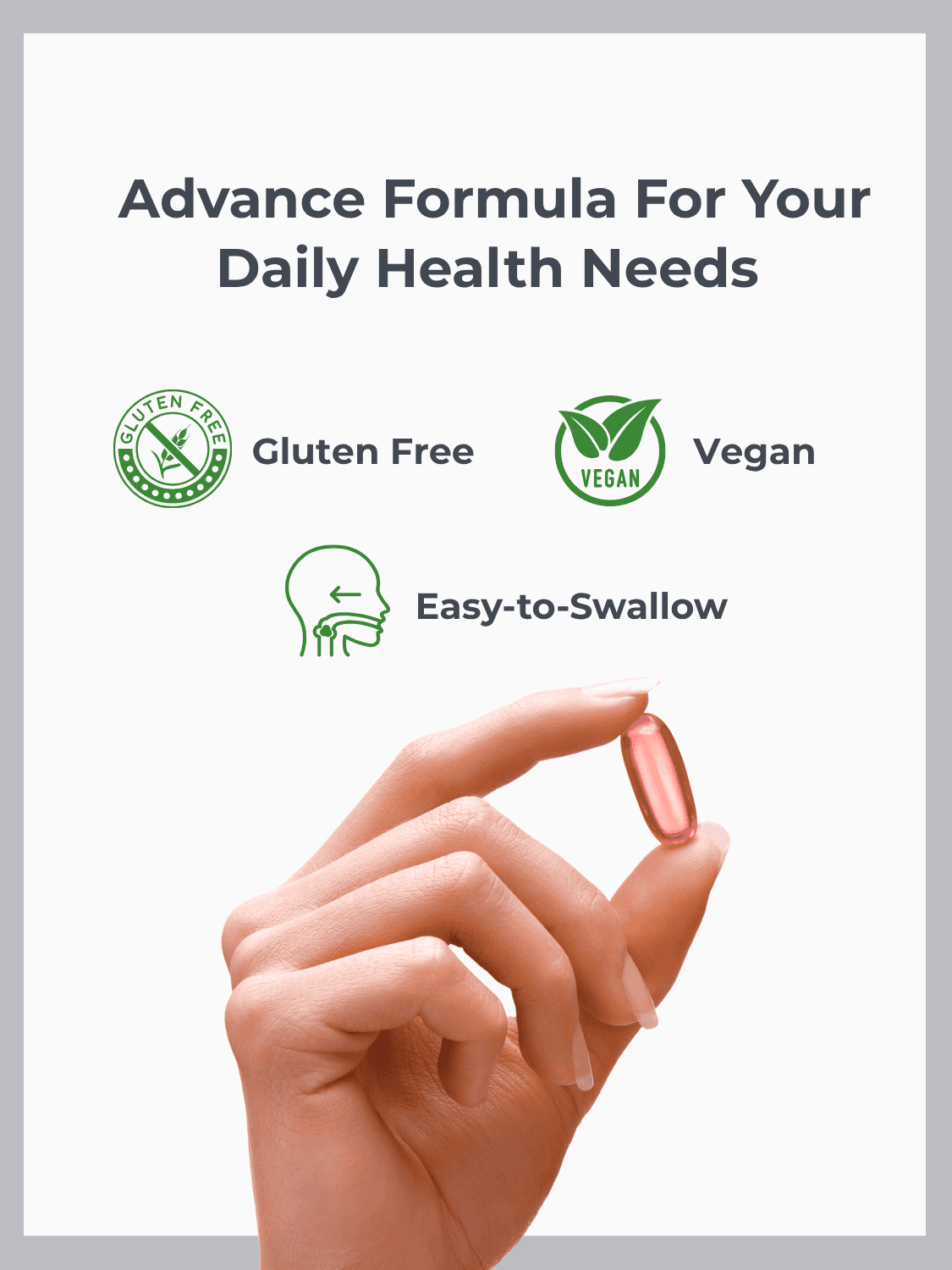 Hand holding Kalonji Oil Softgel Capsule with icons highlighting gluten-free, vegan, and easy-to-swallow features for daily wellness.