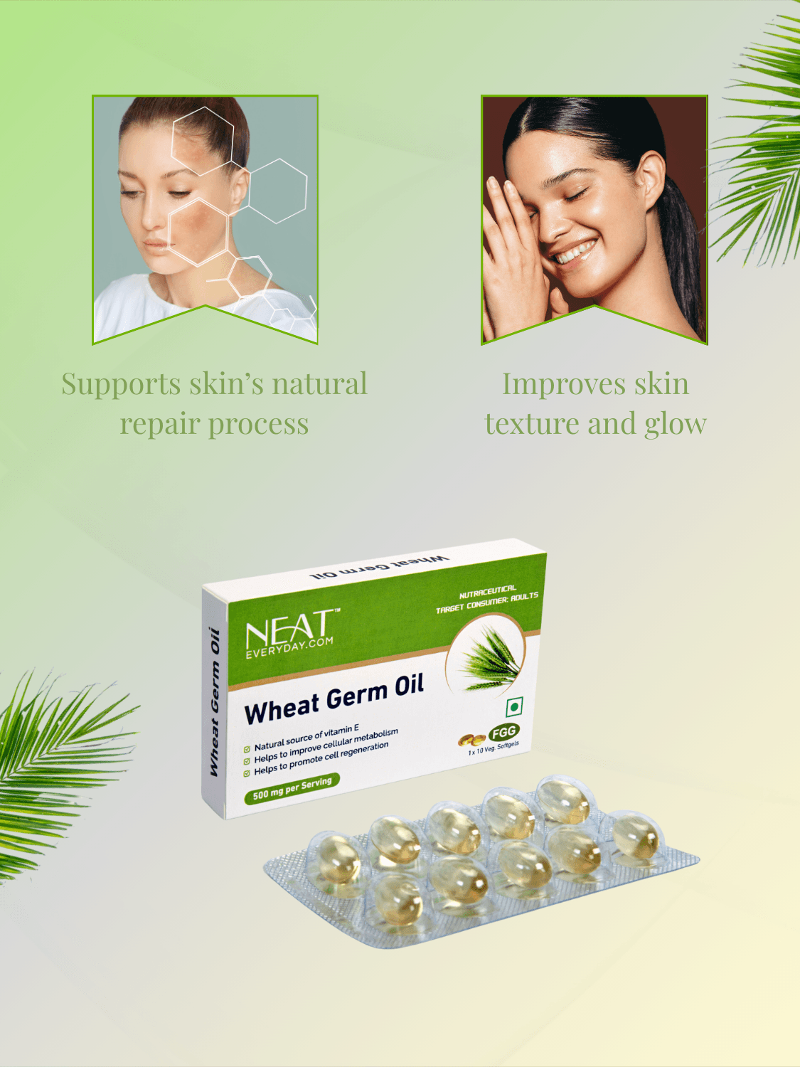 Glow Aura Combo – Glowing Skin Care Set with wheat germ oil capsules to support skin repair and enhance glow. Promotes smooth, radiant skin texture.