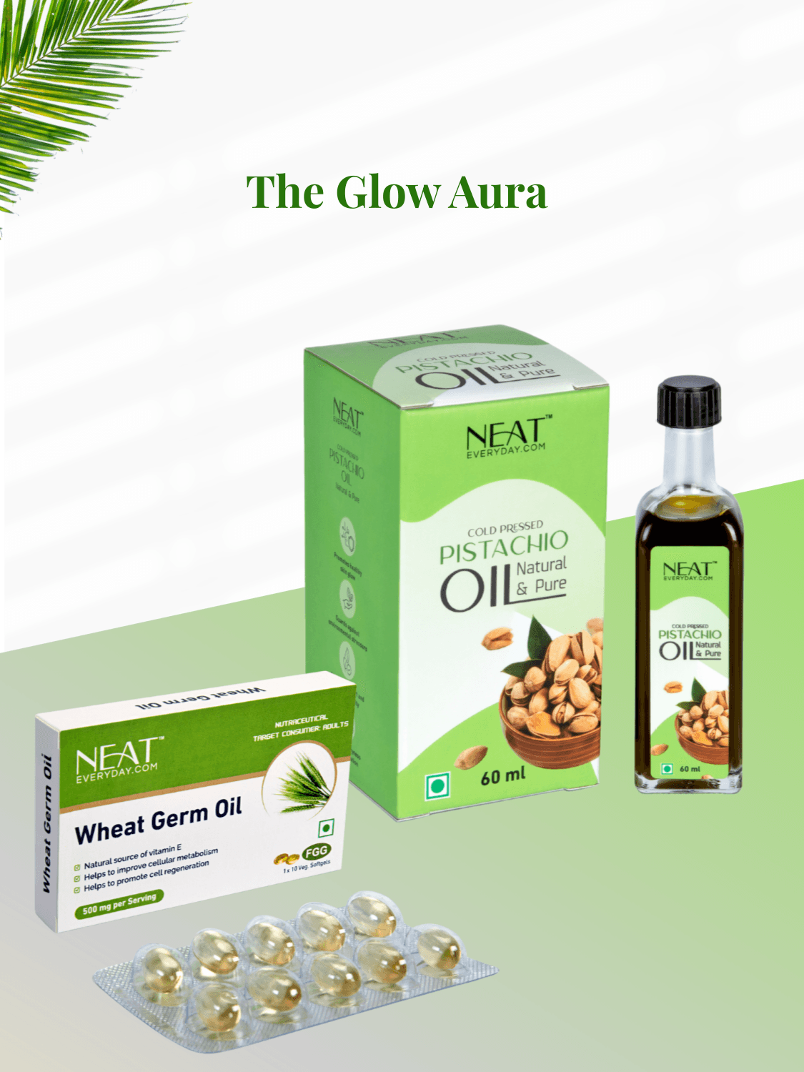Glow Aura Combo – Glowing Skin Care Set featuring pistachio oil and wheat germ oil capsules for radiant, hydrated skin. Ideal for natural skincare routines.