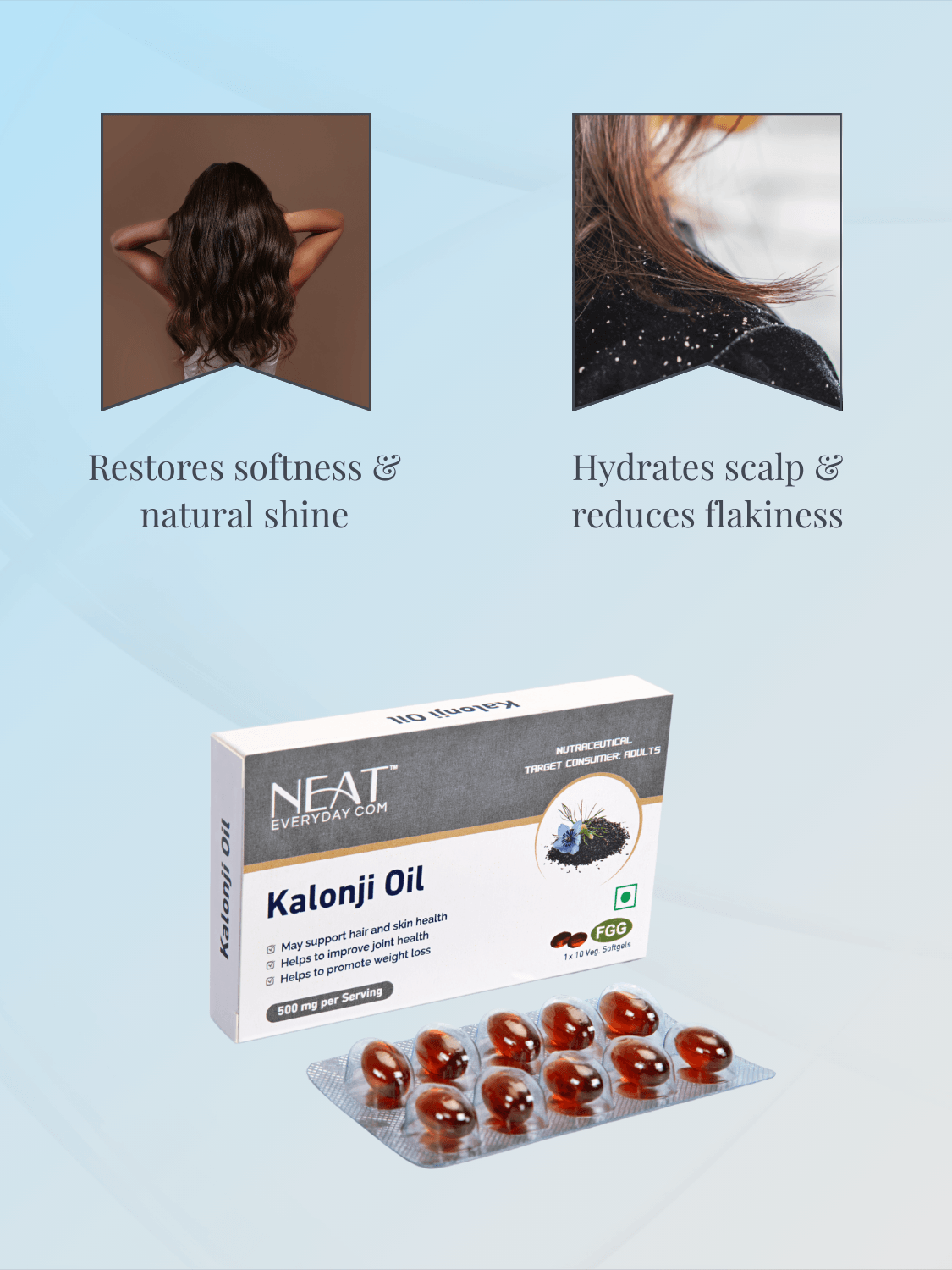 Kalonji Oil softgels from Kesh Amrit Hair Strength Duo restore shine, hydrate scalp, and reduce flakiness for healthy hair care.