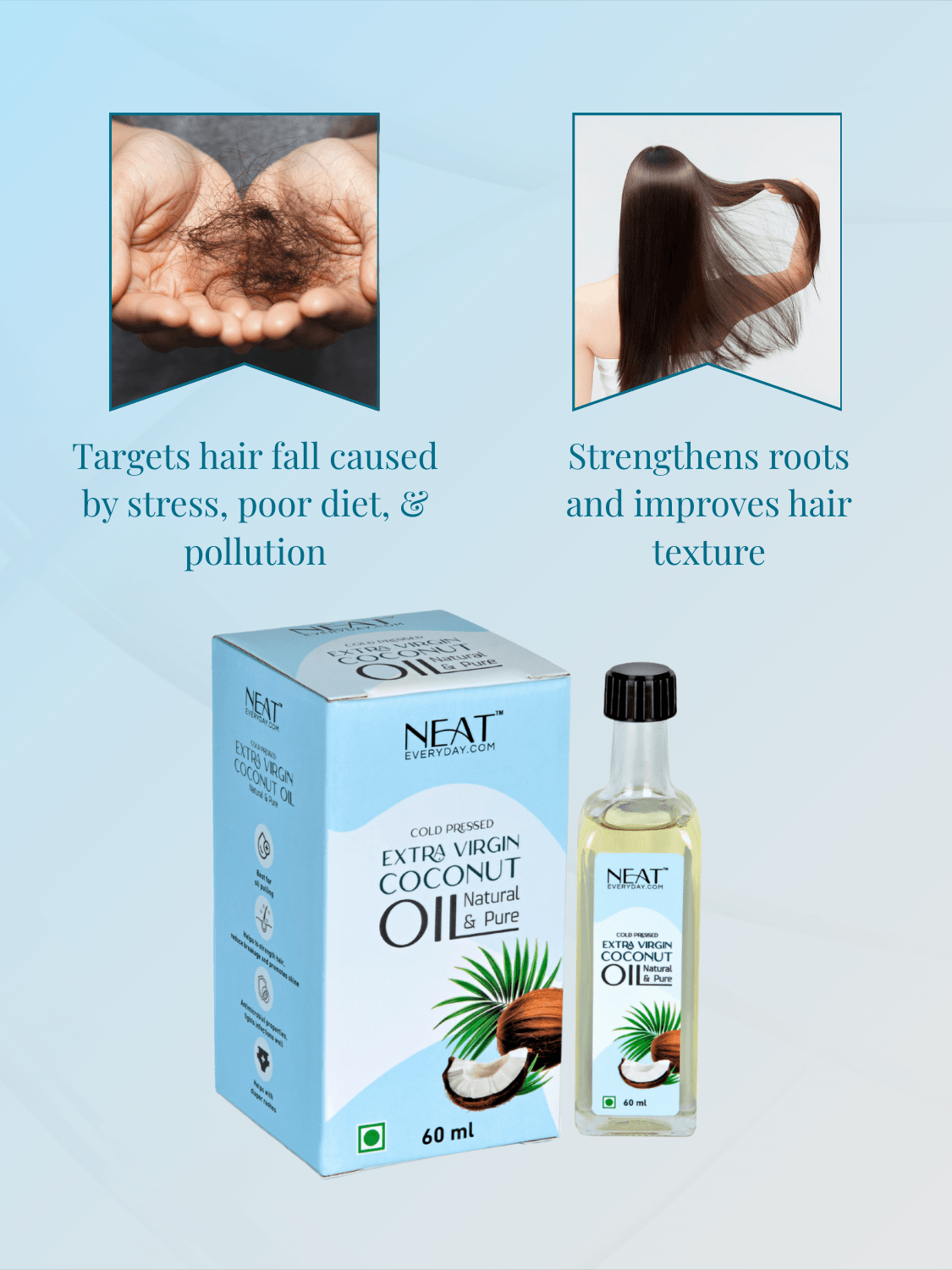 Kesh Amrit Hair Strength Duo targets hair fall and strengthens roots with Neat Everyday Coconut Oil for improved hair texture and growth.