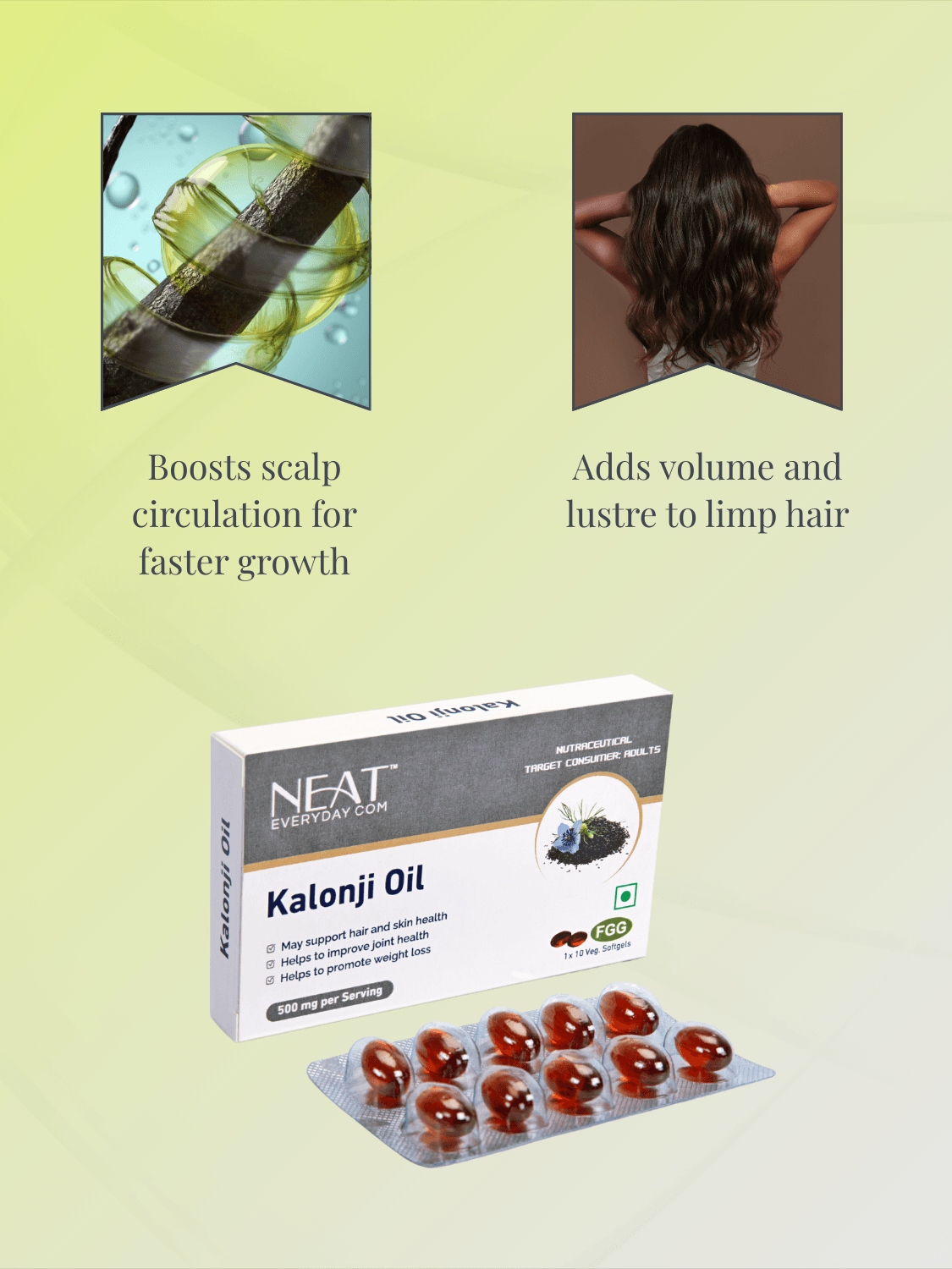 Kesh Tejas Radiant Hair Duo with Kalonji oil softgels and mustard oil to boost scalp circulation and add volume to limp hair.