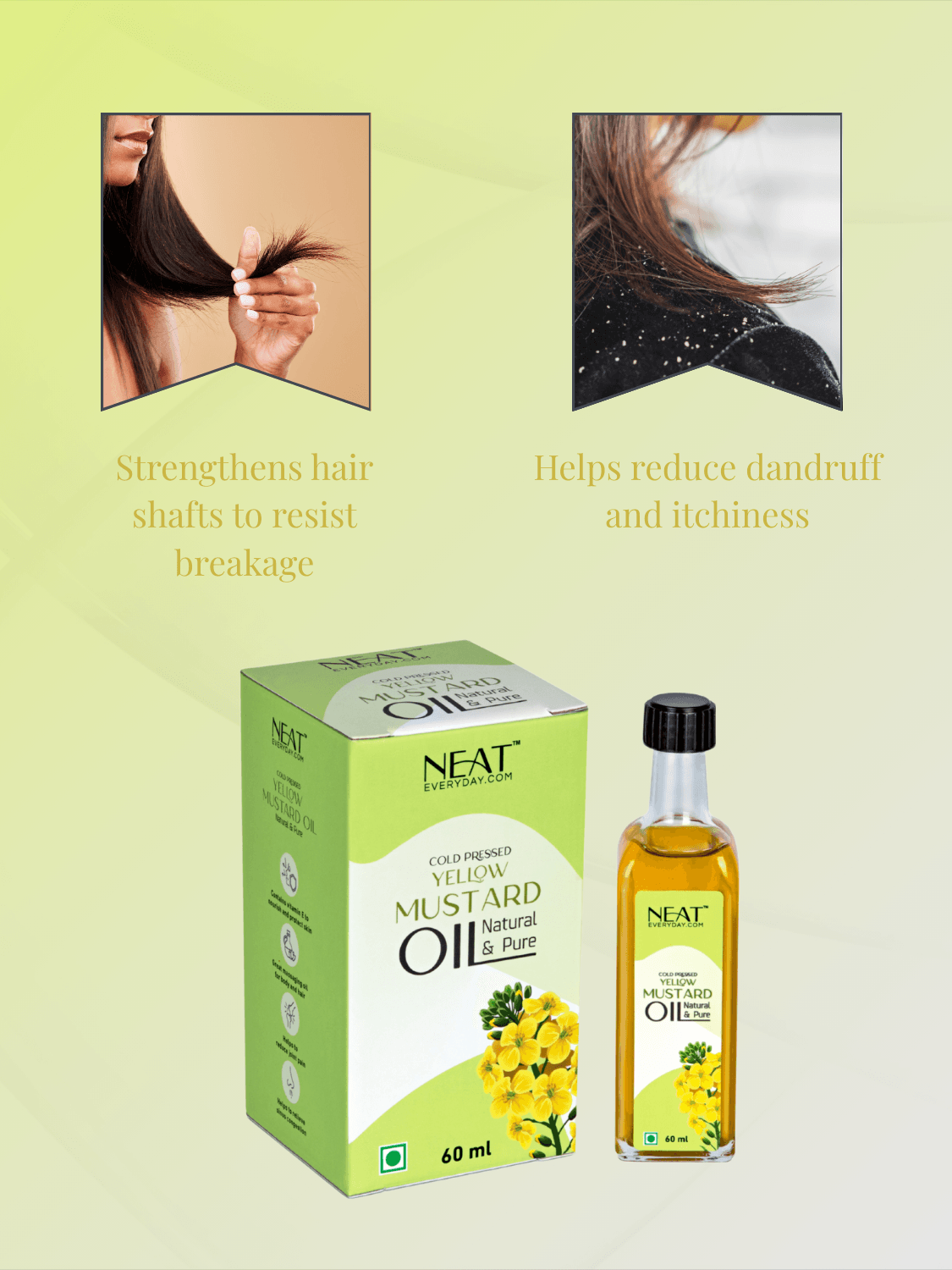 Kesh Tejas Radiant Hair Duo combo with mustard oil to strengthen hair shafts and reduce dandruff for smooth, healthy hair.