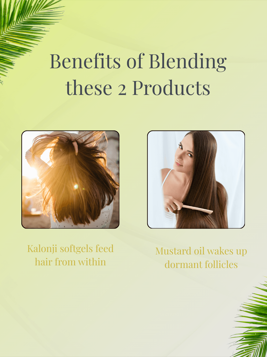 Kesh Tejas Radiant Hair Duo benefits include Kalonji softgels nourishing hair from within and mustard oil activating hair follicles.