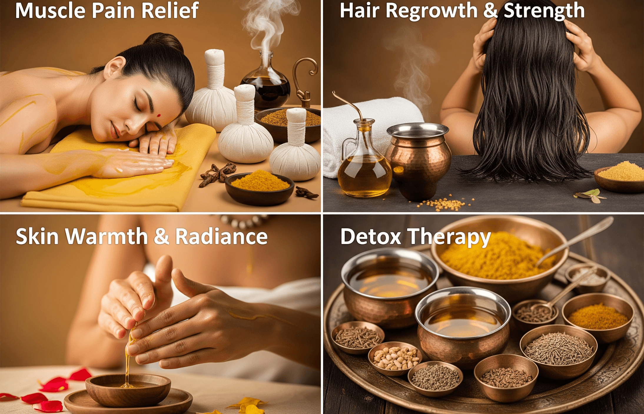 A woman receiving a massage with aromatic oils, surrounded by herbal remedies and essential oils, illustrating muscle pain relief and relaxation therapy.