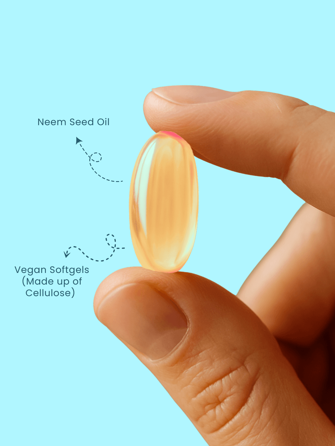 Close-up of Neem Oil Soft Vegan Capsule - 1000mg showing cellulose-based softgel filled with neem seed oil for plant-based health support.