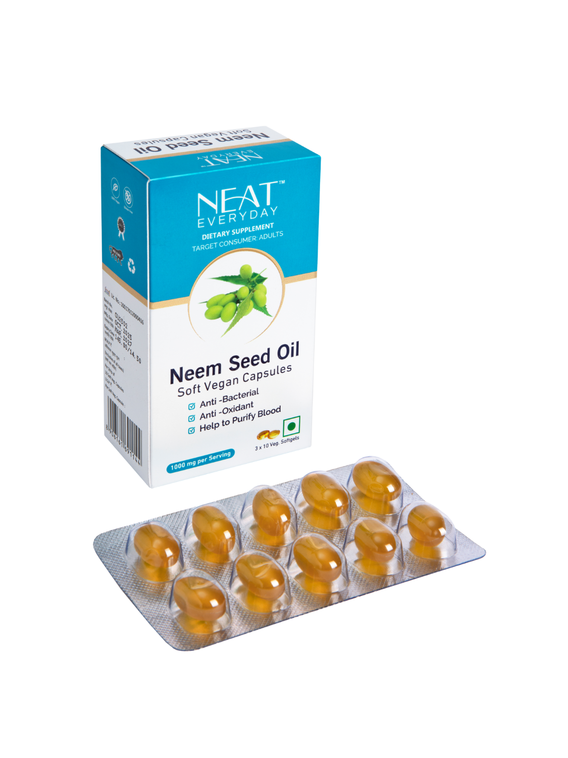 Neem Seed Oil Soft Vegan Capsules-1000mg Per Serving