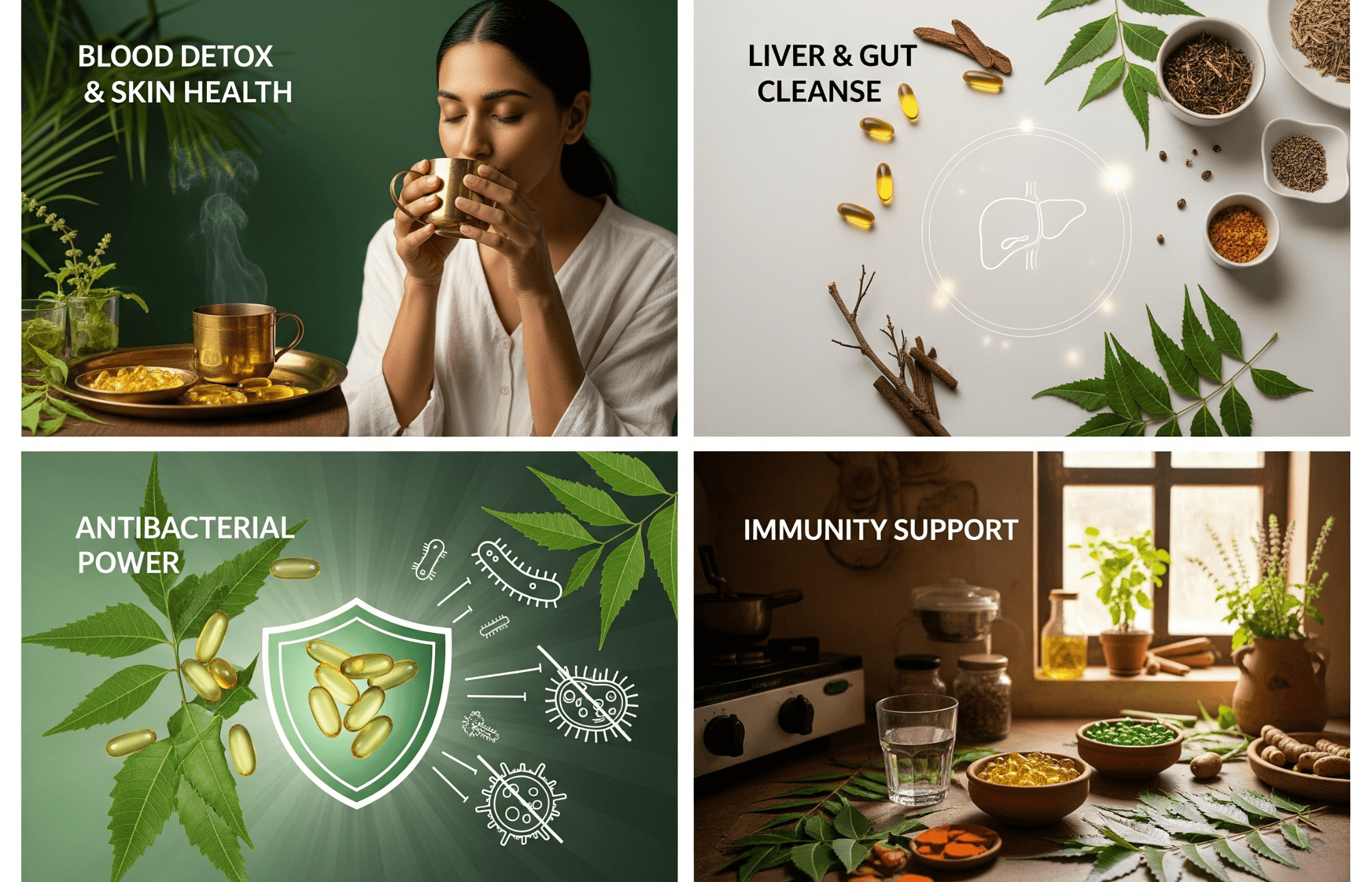 A collage of four images related to health and wellness: a woman drinking tea with gold coins and herbs, herbs and supplements for liver and gut cleanse, a graphic illustrating antibacterial power with capsules and leaves, and a cozy kitchen scene with herbs, spices, and health supplements on a wooden table.