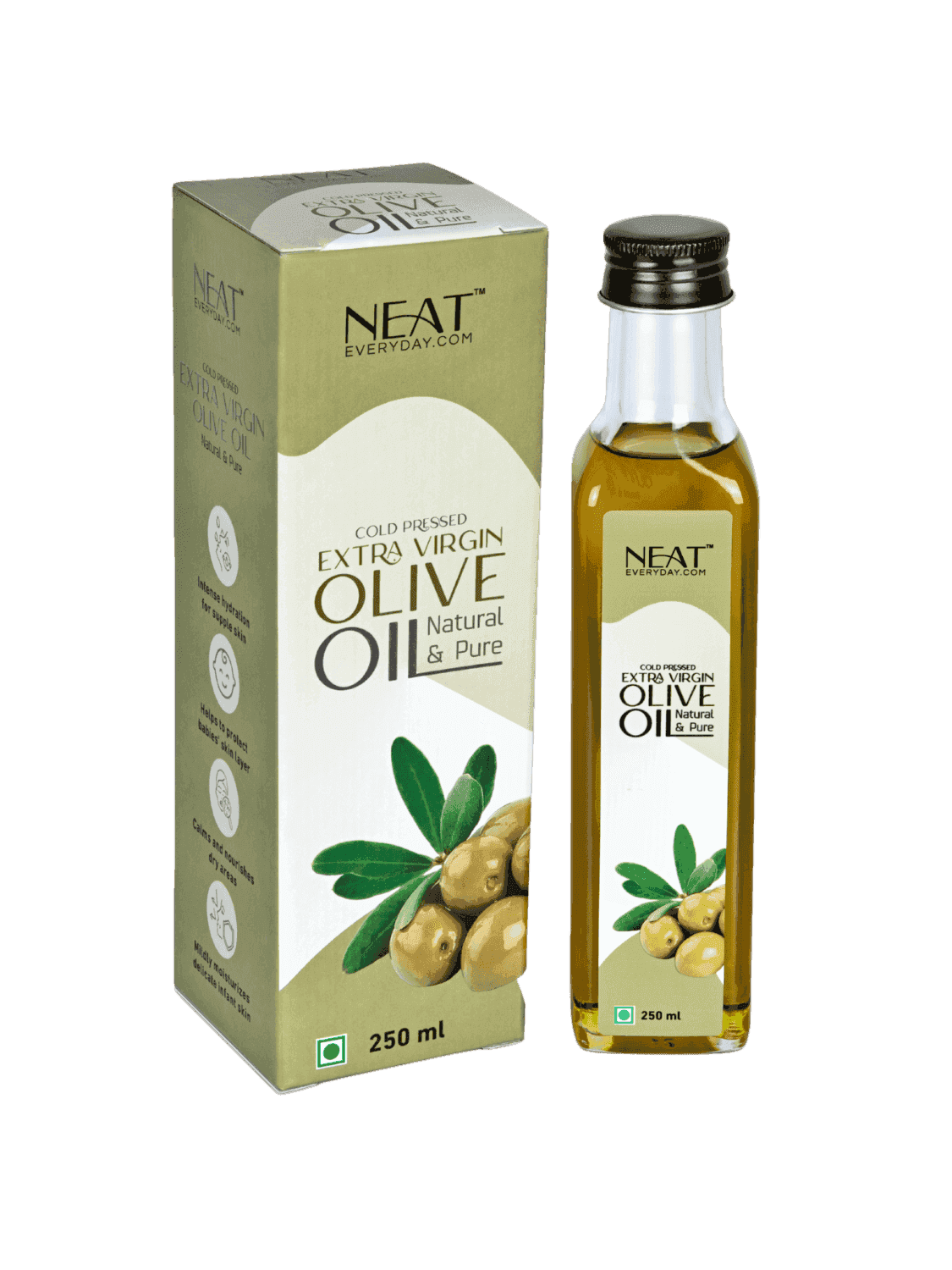 Cold Pressed Extra Virgin Olive Oil for Skin, Hair & Wellness – 250 ml bottle with box packaging, ideal for skincare and baby care routines.