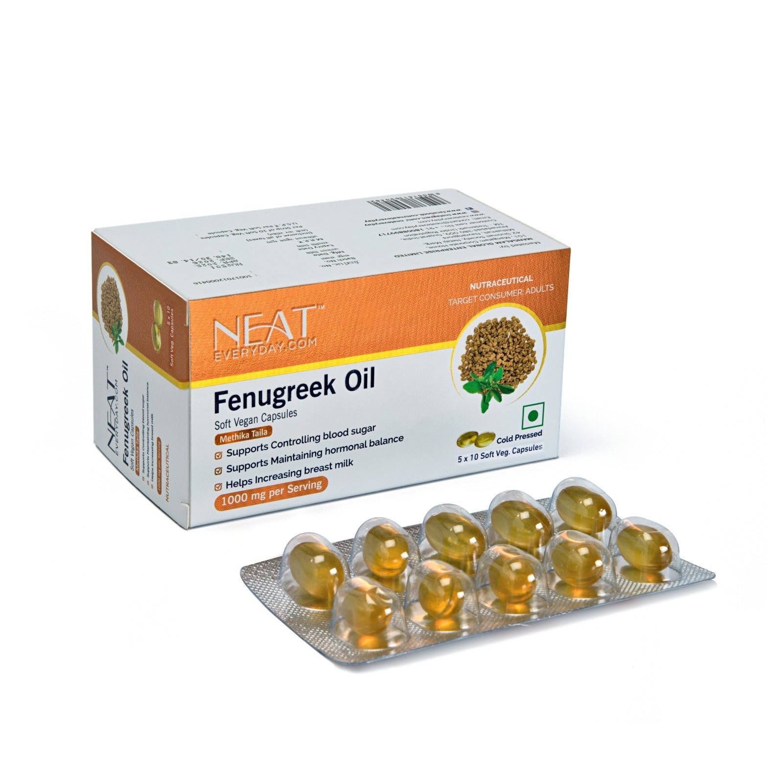 NEAT Fenugreek Oil packaging with capsules on a white background