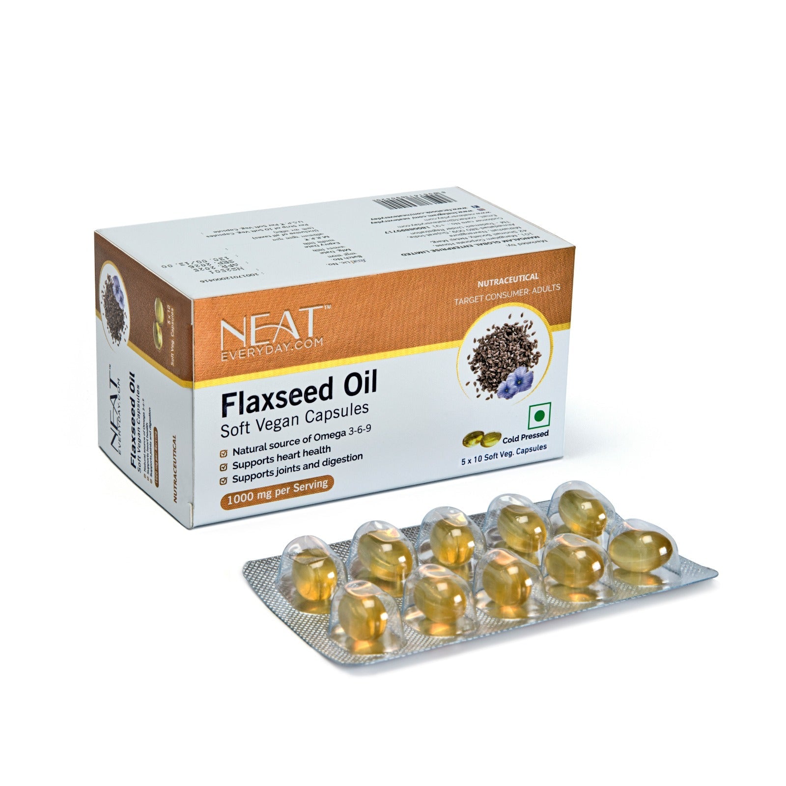 Box of NEAT Flaxseed Oil capsules with soft gelatin capsules on a white background