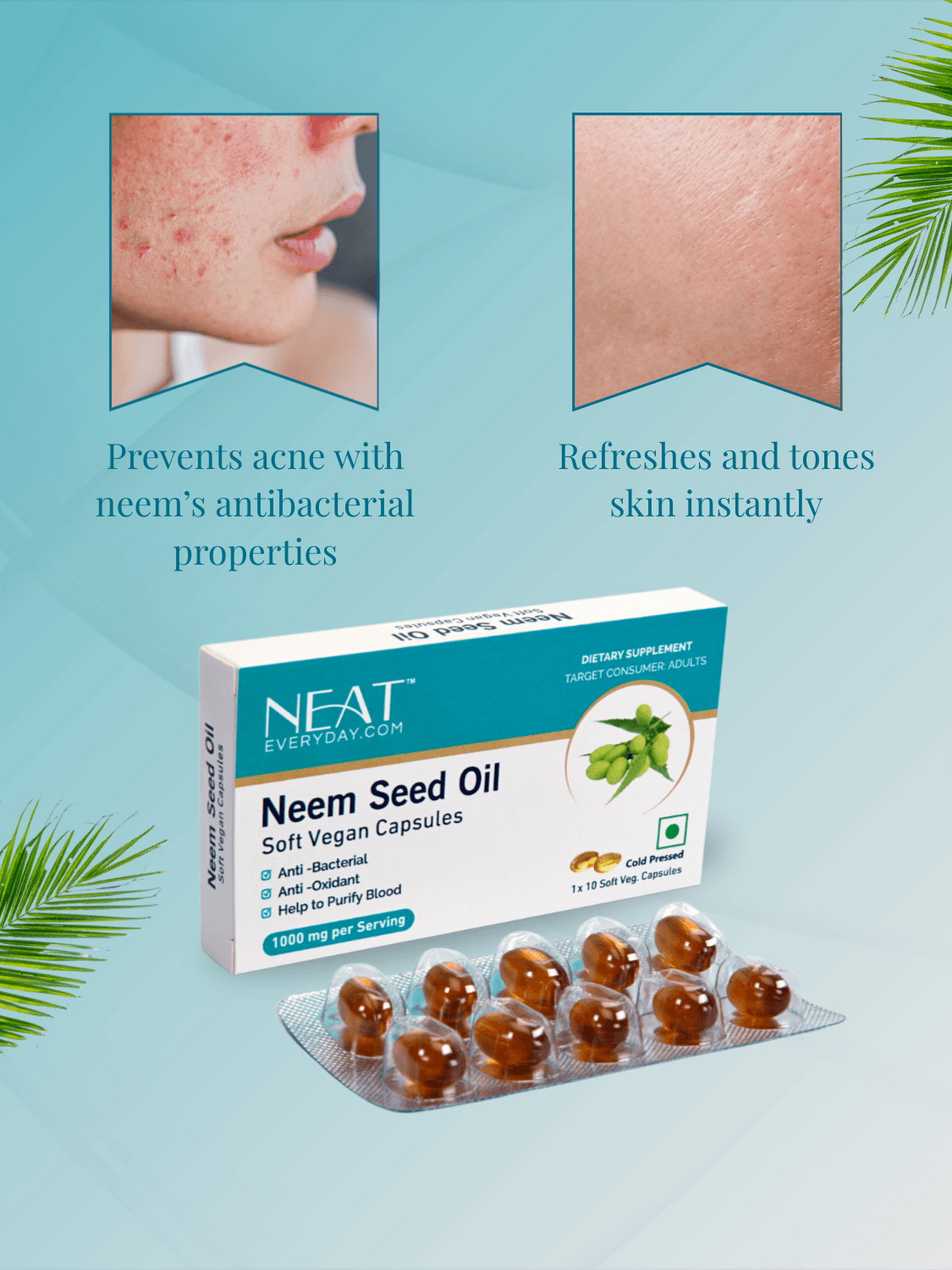 Neem Seed Oil capsules help prevent acne with antibacterial properties and refresh skin, ideal for oily and acne-prone skin.