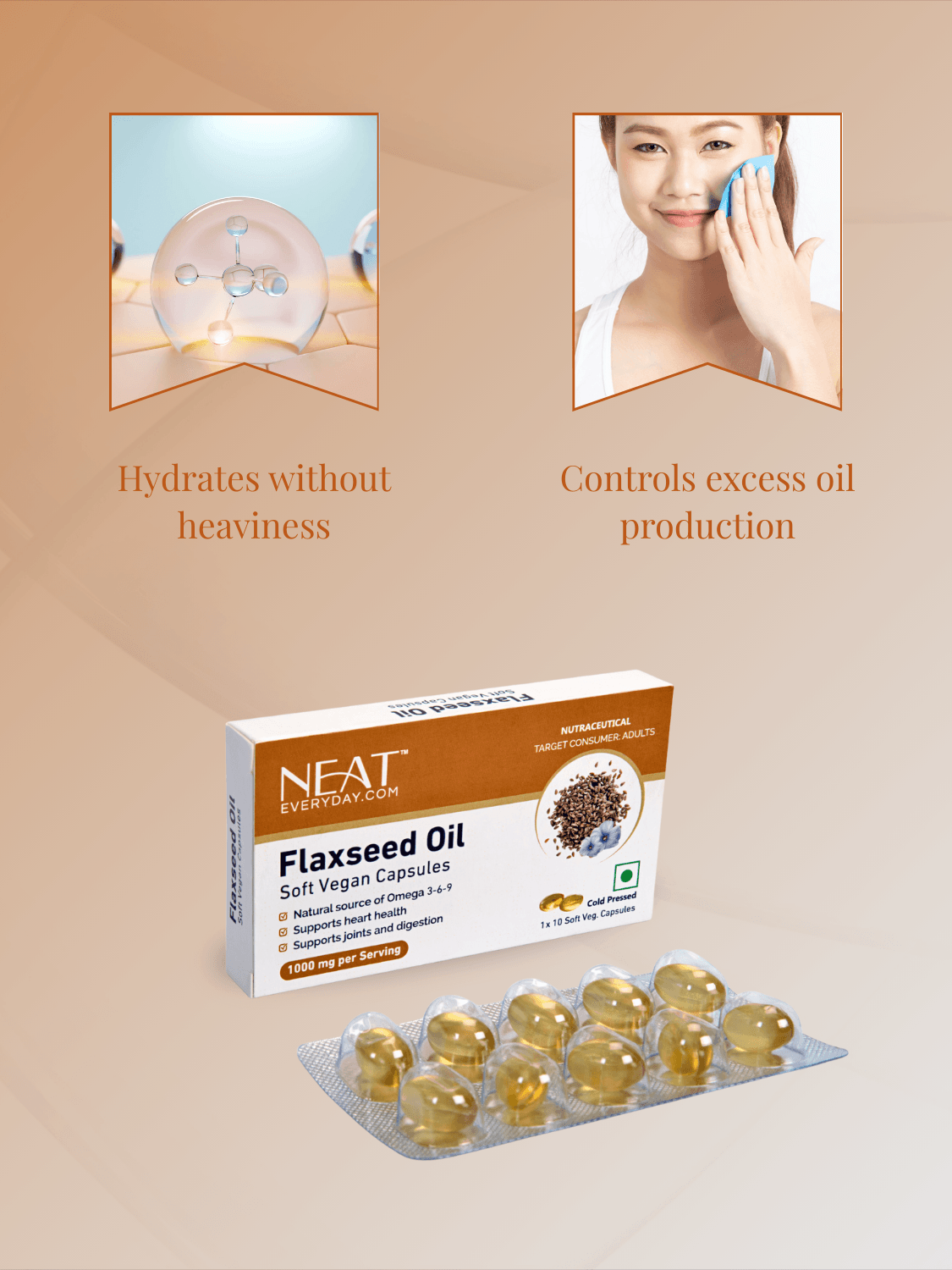Flaxseed Oil capsules hydrate skin without heaviness and control excess oil, perfect for oily and acne-prone skin types.