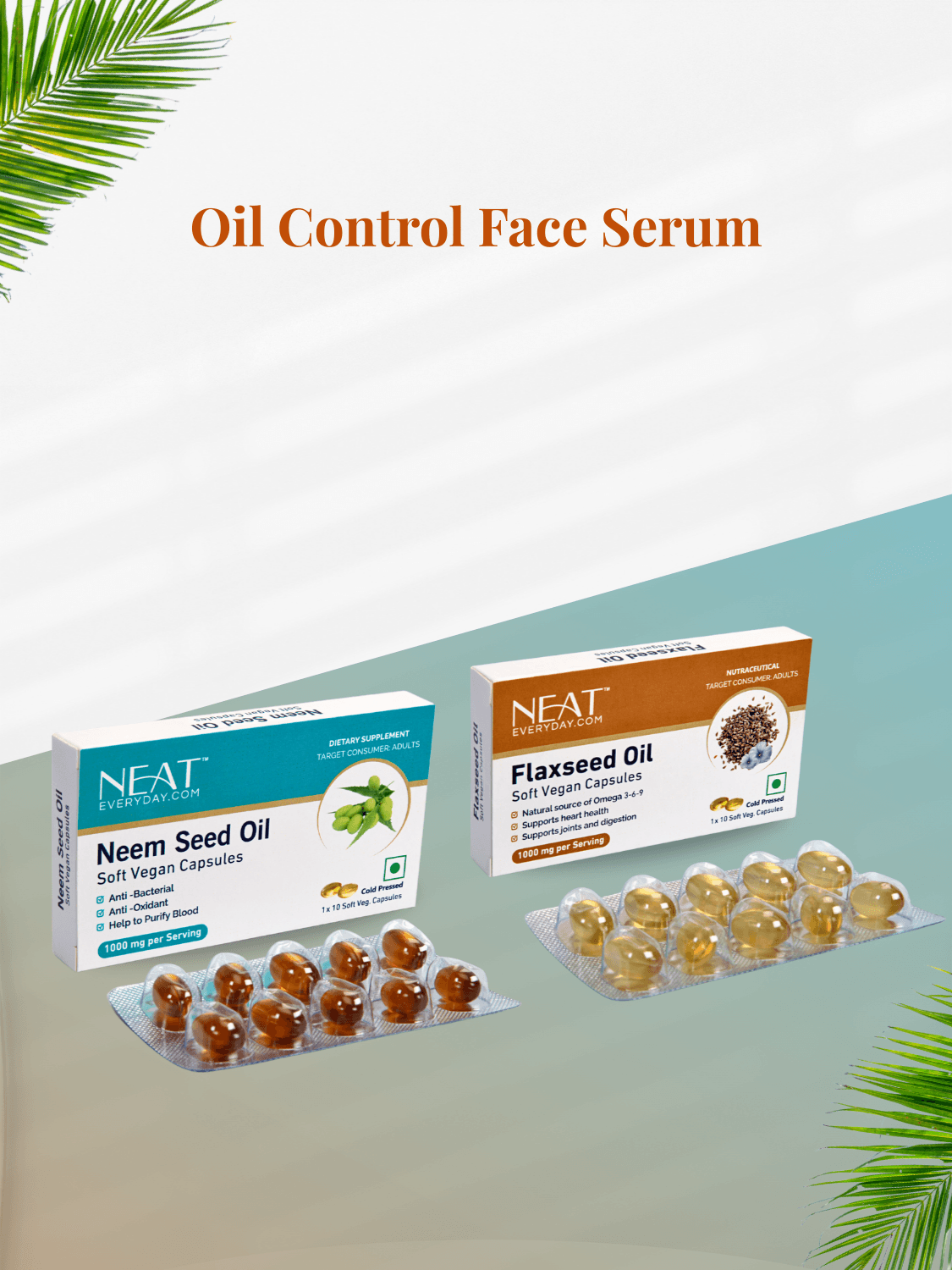 Oil Control Face Serum bundle with Neem Seed Oil and Flaxseed Oil soft vegan capsules for oily and acne-prone skin care.