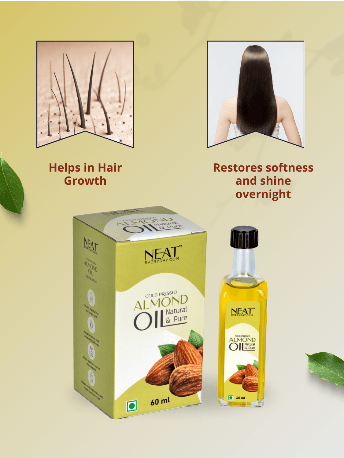 Almond oil in the Overnight Hair Growth Oil Blend helps hair growth and restores shine and softness overnight for thicker, healthier hair.