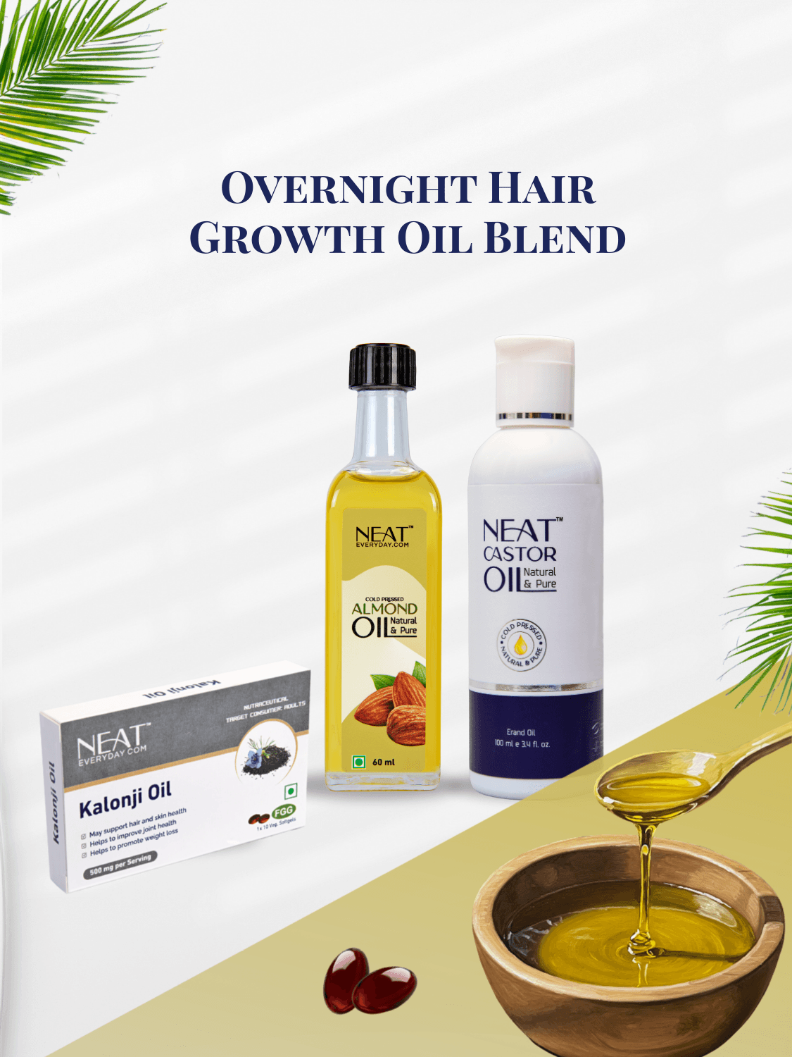 Overnight Hair Growth Oil Blend for Stronger, Thicker Hair featuring almond, castor, and kalonji oils to nourish scalp and reduce hair fall.
