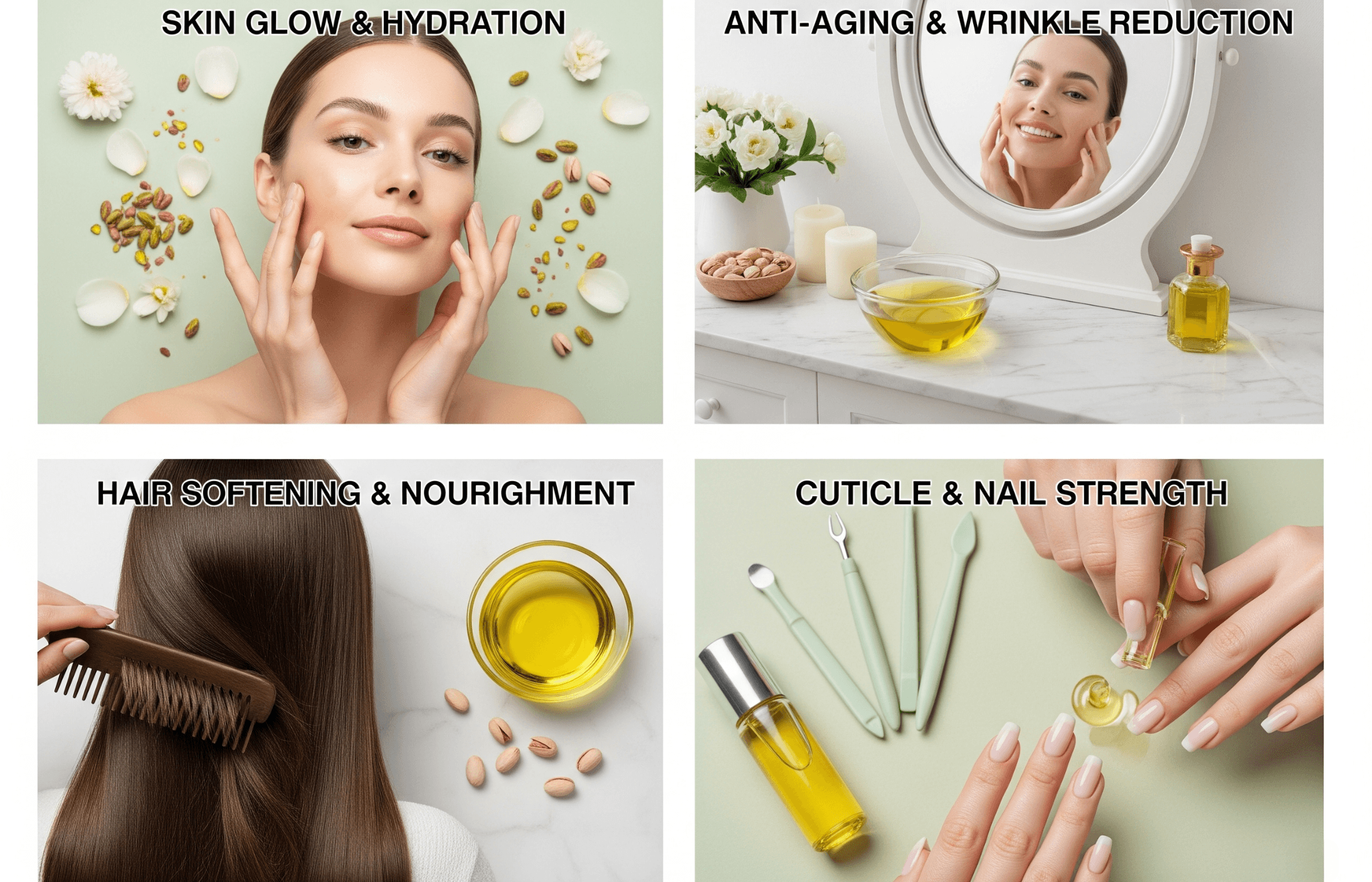 A woman with smooth, glowing skin touching her face, surrounded by flower petals and skincare ingredients, illustrating skin glow and hydration.