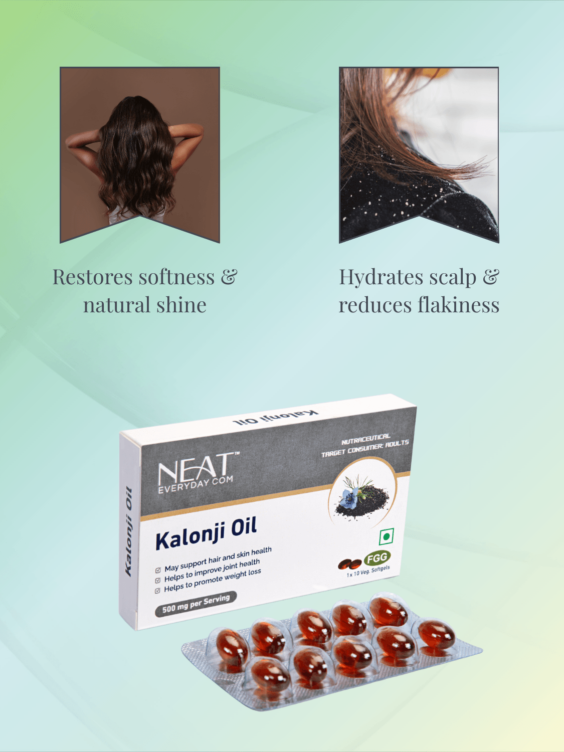Kalonji Oil capsules from Poshak Shakti Wellness Power Pack, support hair health, scalp hydration, and natural shine restoration.