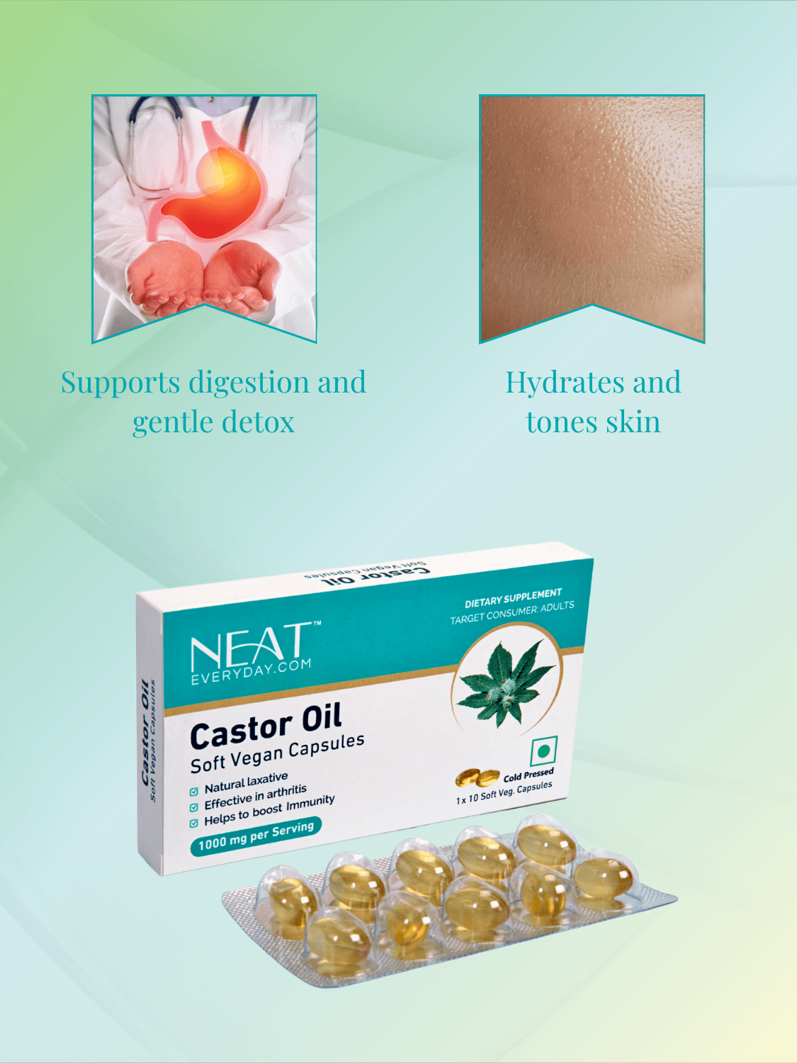 Castor Oil vegan capsules in Poshak Shakti Wellness Power Pack, aid digestion, gentle detox, and skin hydration and toning.