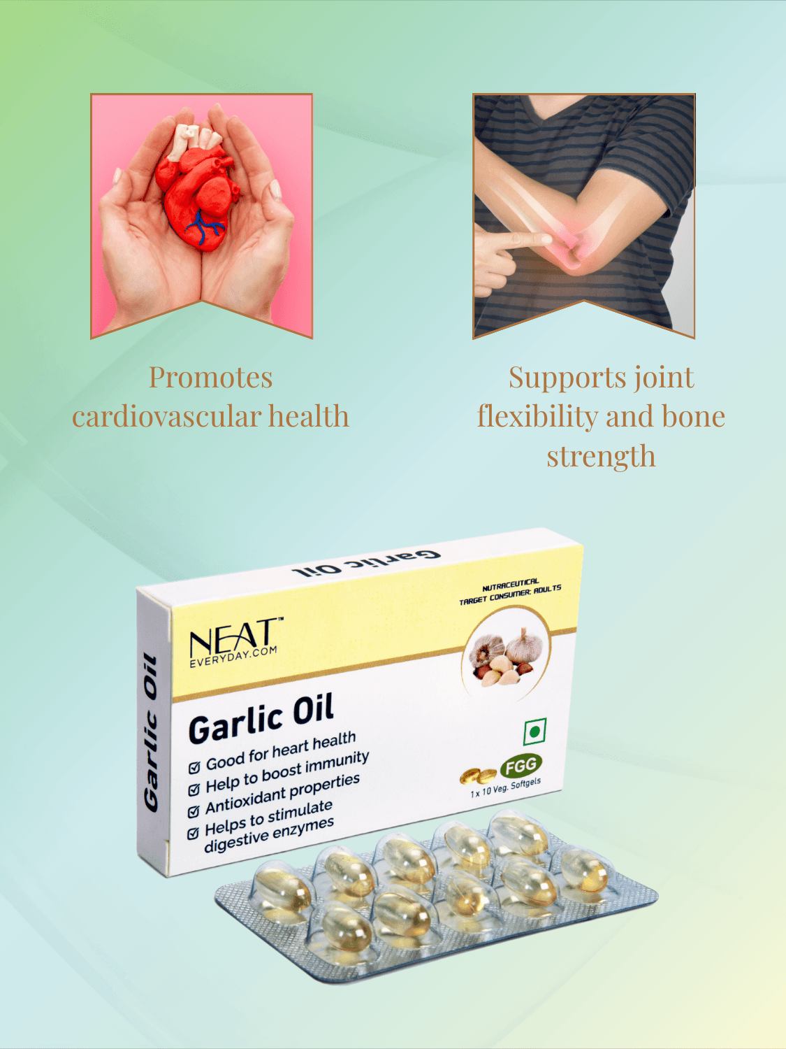 Garlic Oil capsules from Poshak Shakti Wellness Power Pack, support heart health, joint flexibility, and immunity with antioxidant benefits.
