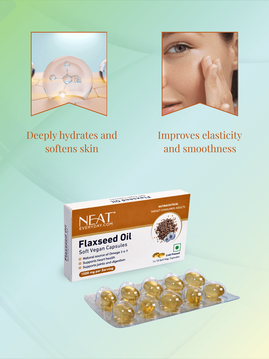 Flaxseed Oil capsules from Poshak Shakti Wellness Power Pack, deeply hydrate skin and improve elasticity and smoothness for daily wellness.