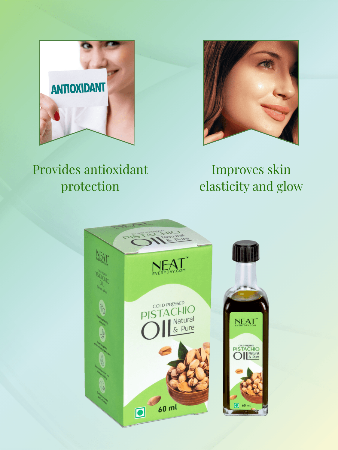 Cold-pressed Pistachio Oil from Poshak Shakti Wellness Power Pack, promotes antioxidant protection and enhances skin elasticity and glow.