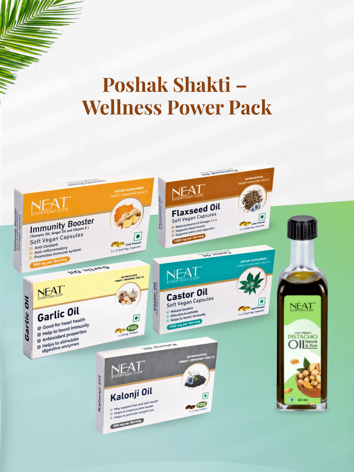 Poshak Shakti Wellness Power Pack bundle featuring vegan capsules and oils for immunity, digestion, energy, and full body wellness support.