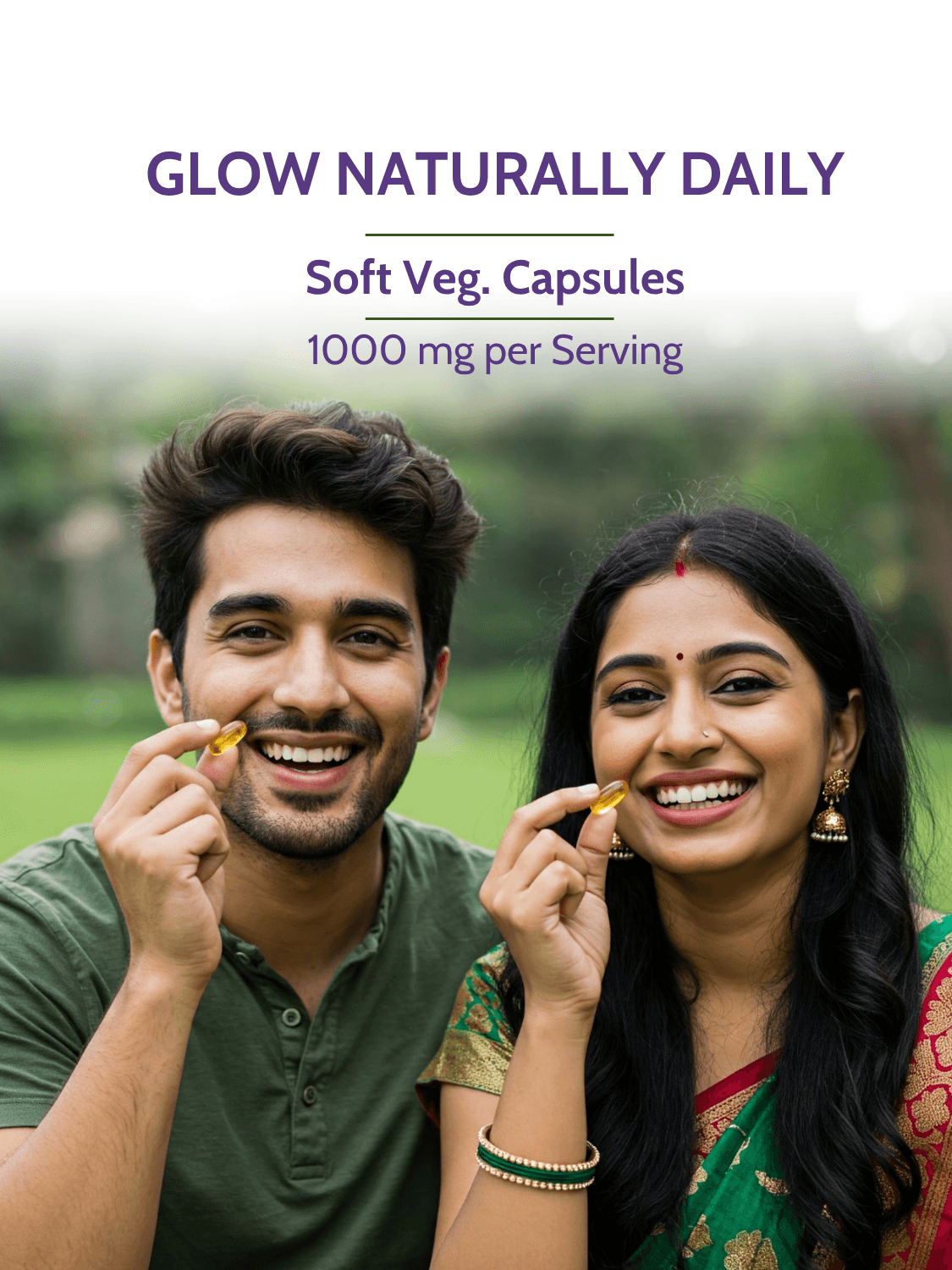 Smiling couple holding Evening Primrose Oil Vegan Capsules with text &