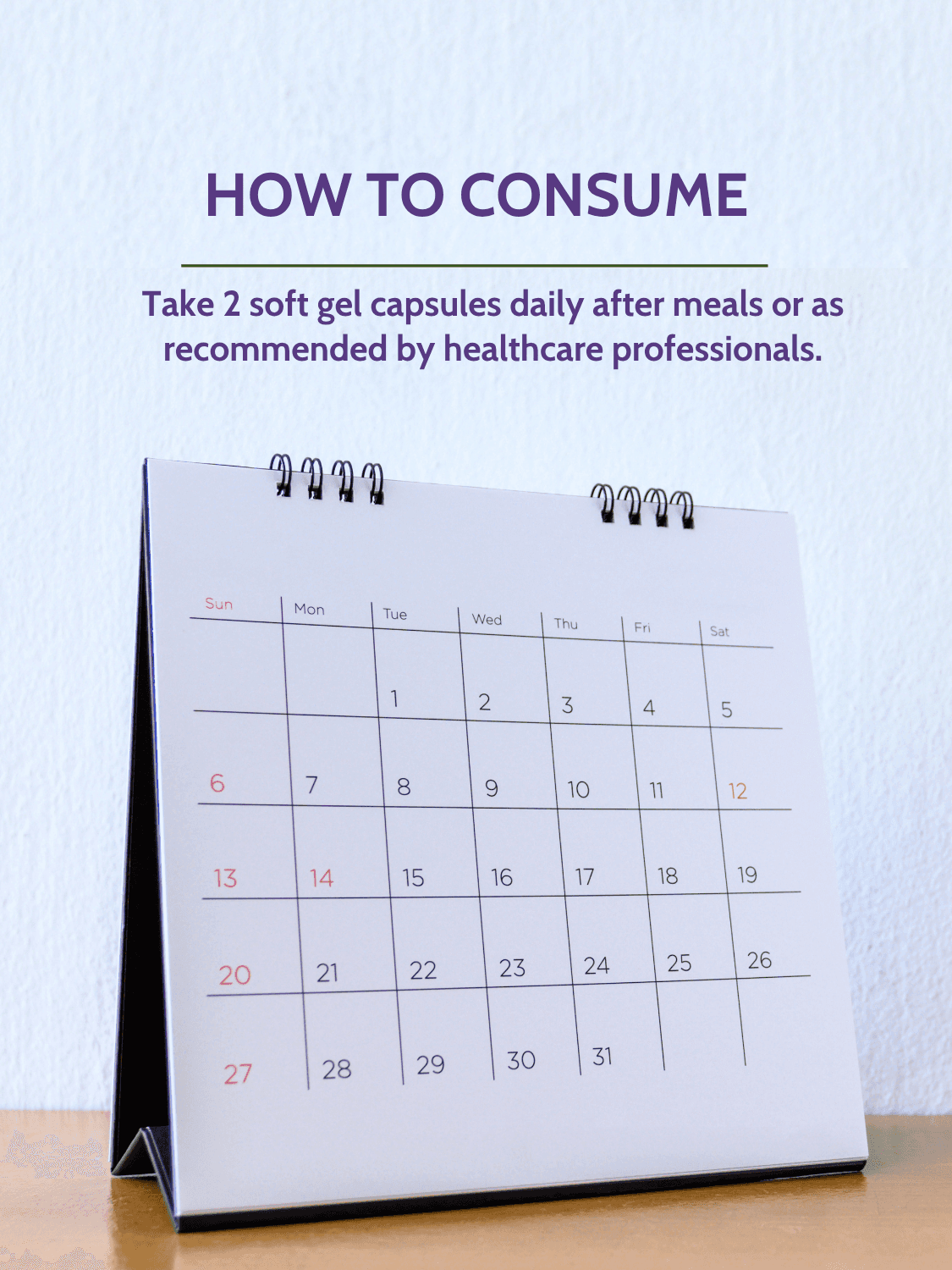 Calendar with dosage instructions for Evening Primrose Oil Vegan Capsules advising 2 softgels daily after meals for optimal health benefits.