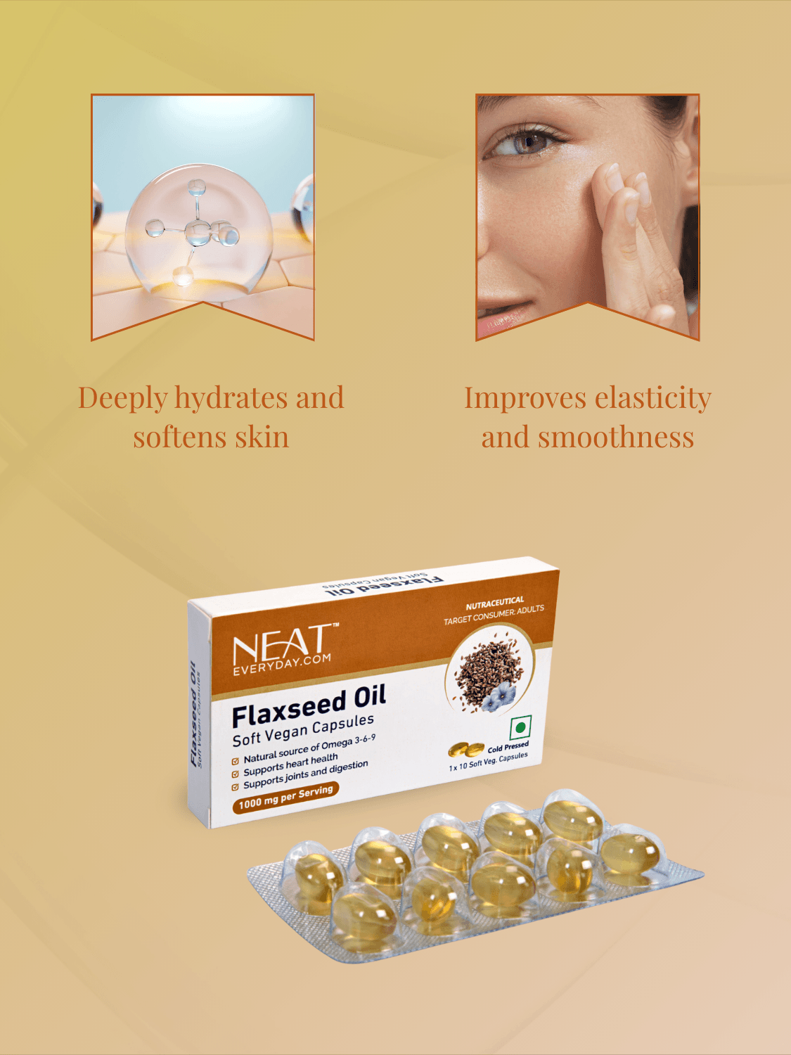 Roop Tejas Skin Radiance Combo flaxseed oil capsules hydrate, soften skin, and improve elasticity for smoother, healthier-looking skin.