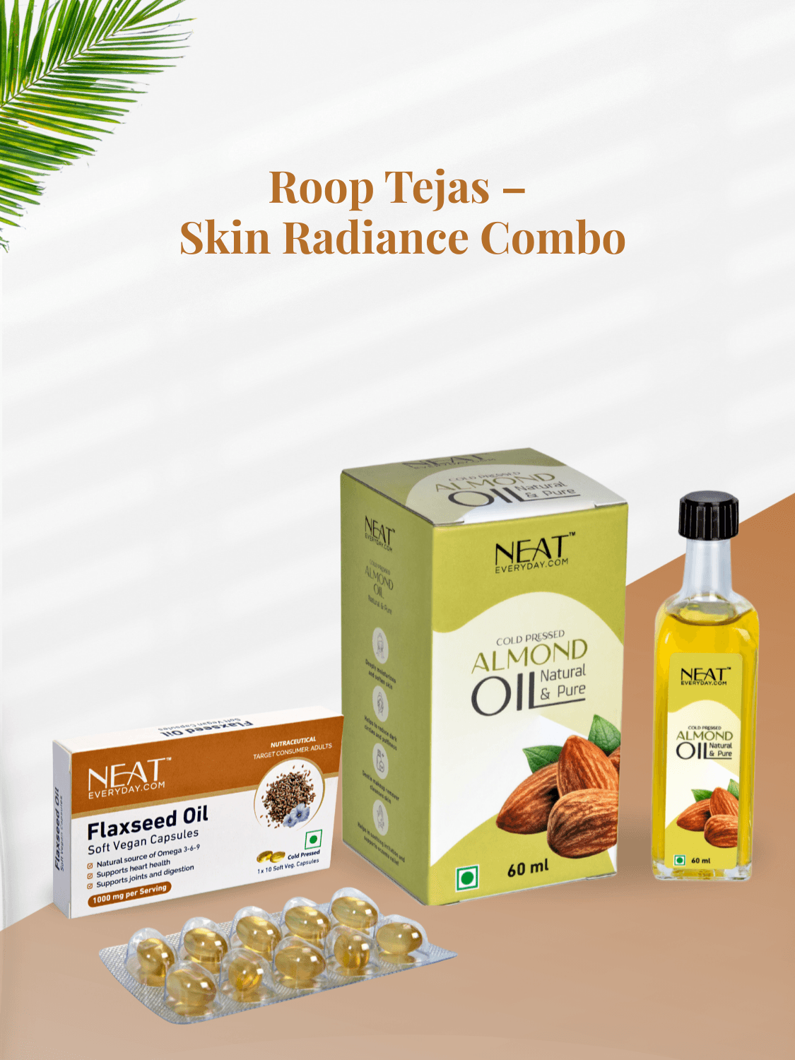 Roop Tejas Skin Radiance Combo – Glow Care bundle featuring flaxseed oil capsules and cold-pressed almond oil for glowing, hydrated skin.