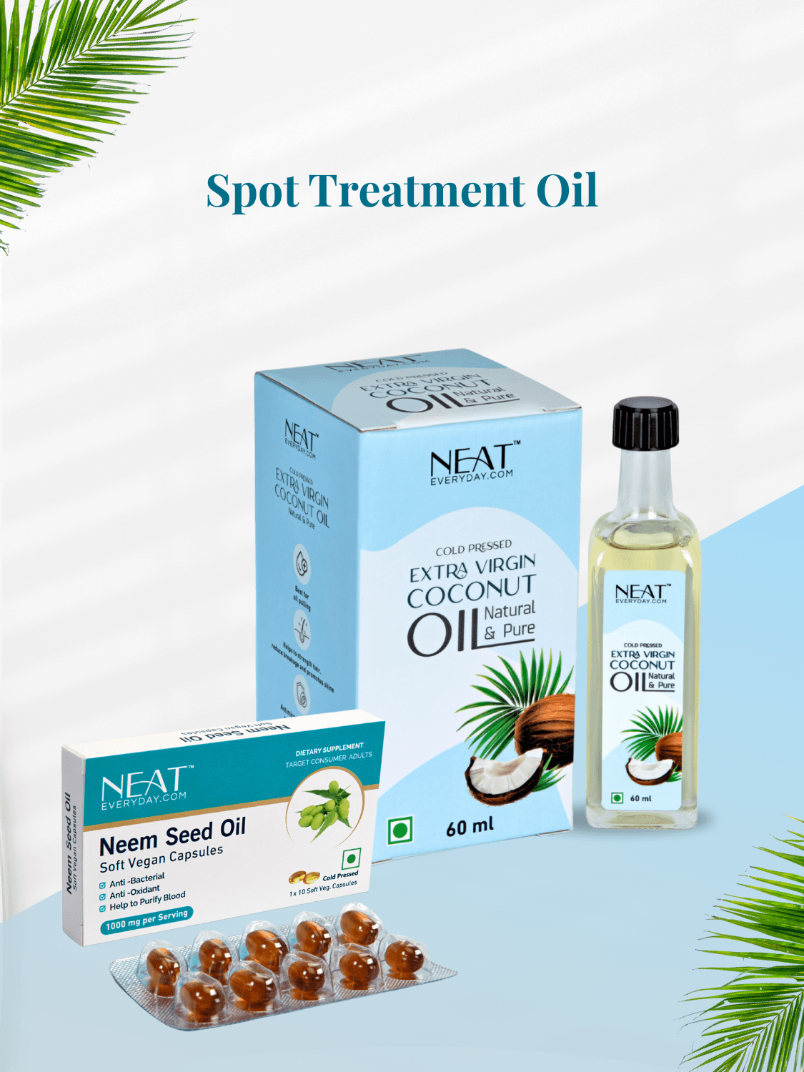 Spot Treatment Oil for Acne, Blemishes & Clear Skin bundle with extra virgin coconut oil and neem seed oil capsules for targeted skin repair.