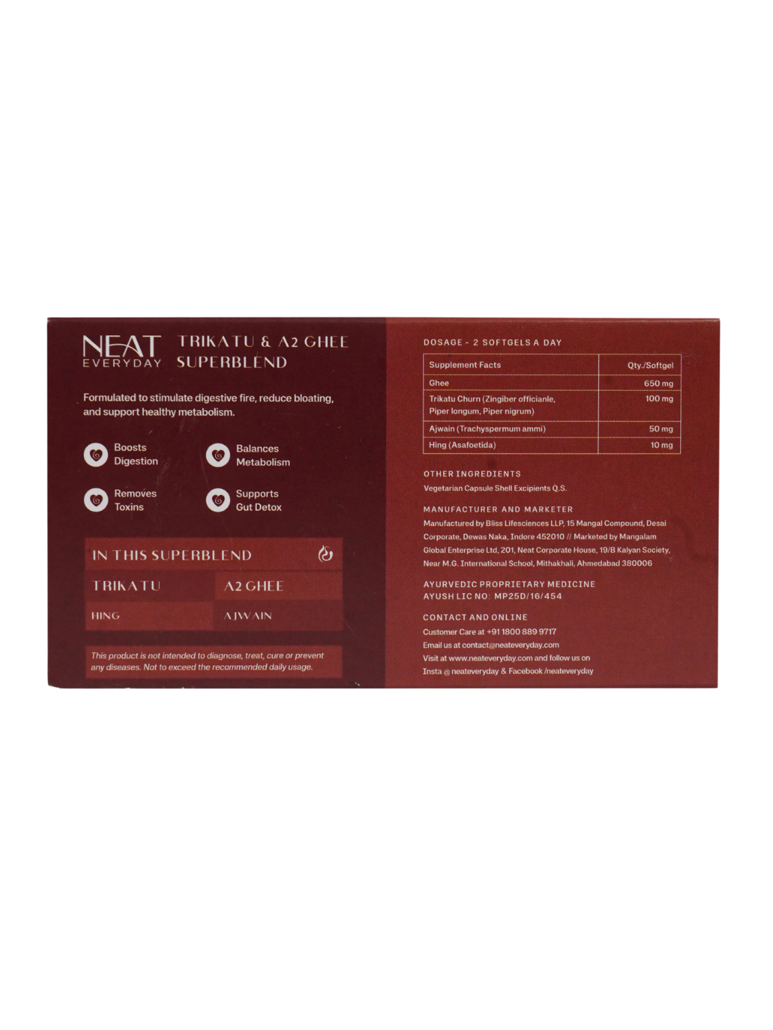 Red supplement packaging with white text on a white background