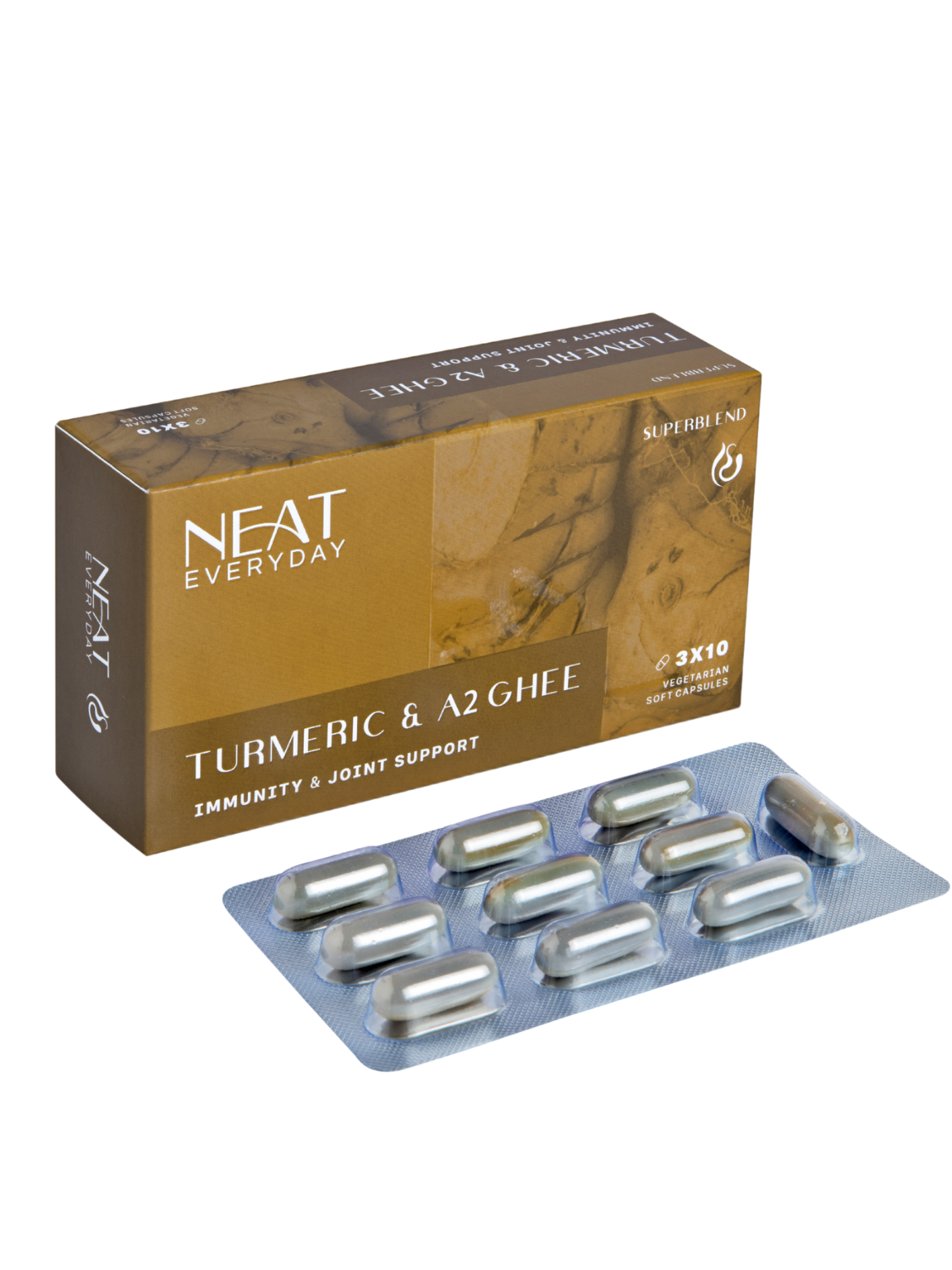 Neat Everyday Turmeric & A2 Ghee supplement packaging with capsules on a white background