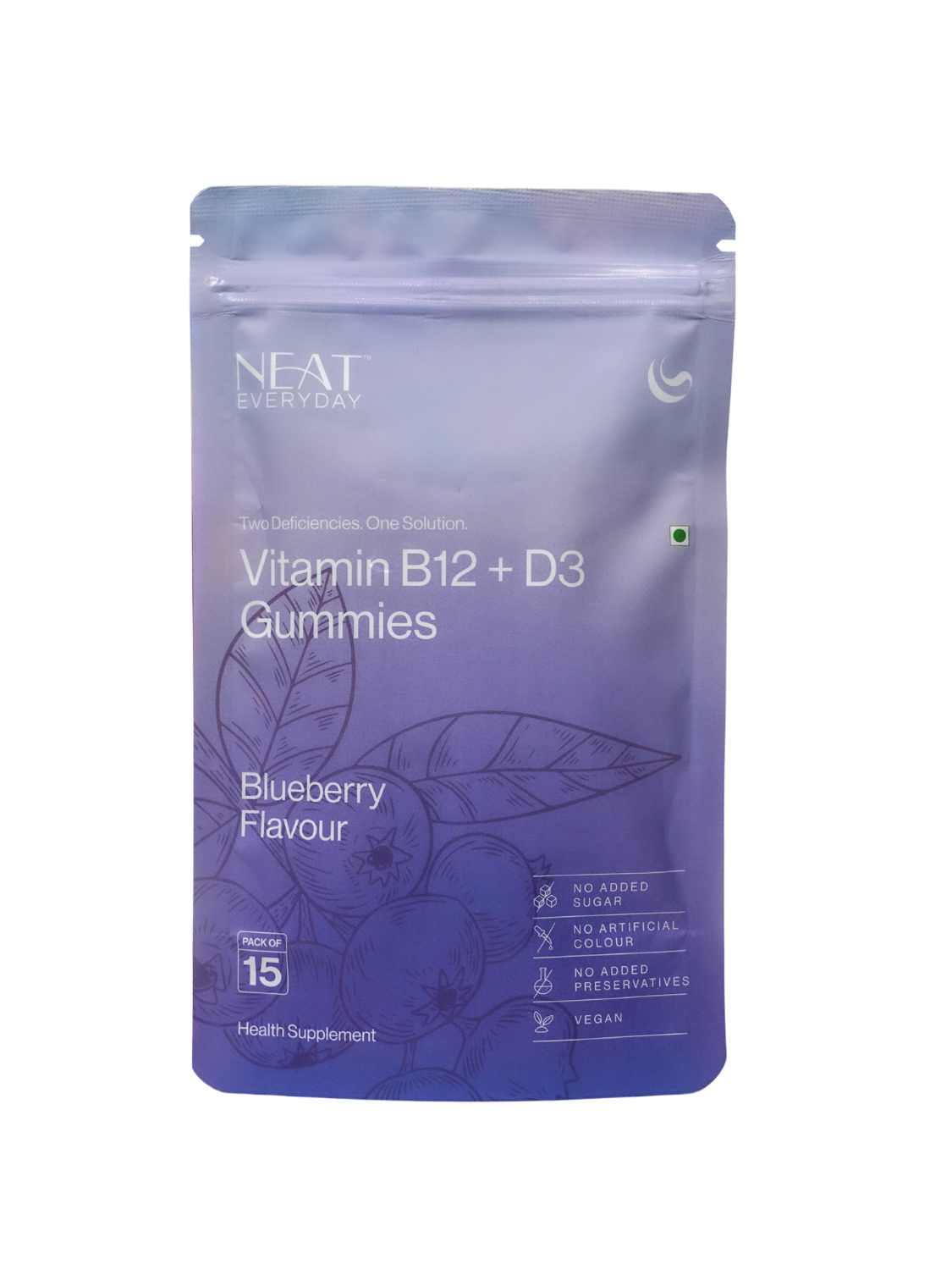 Purple package of NEAT Vitamin B12 + D3 Gummies with blueberry flavor on a white background