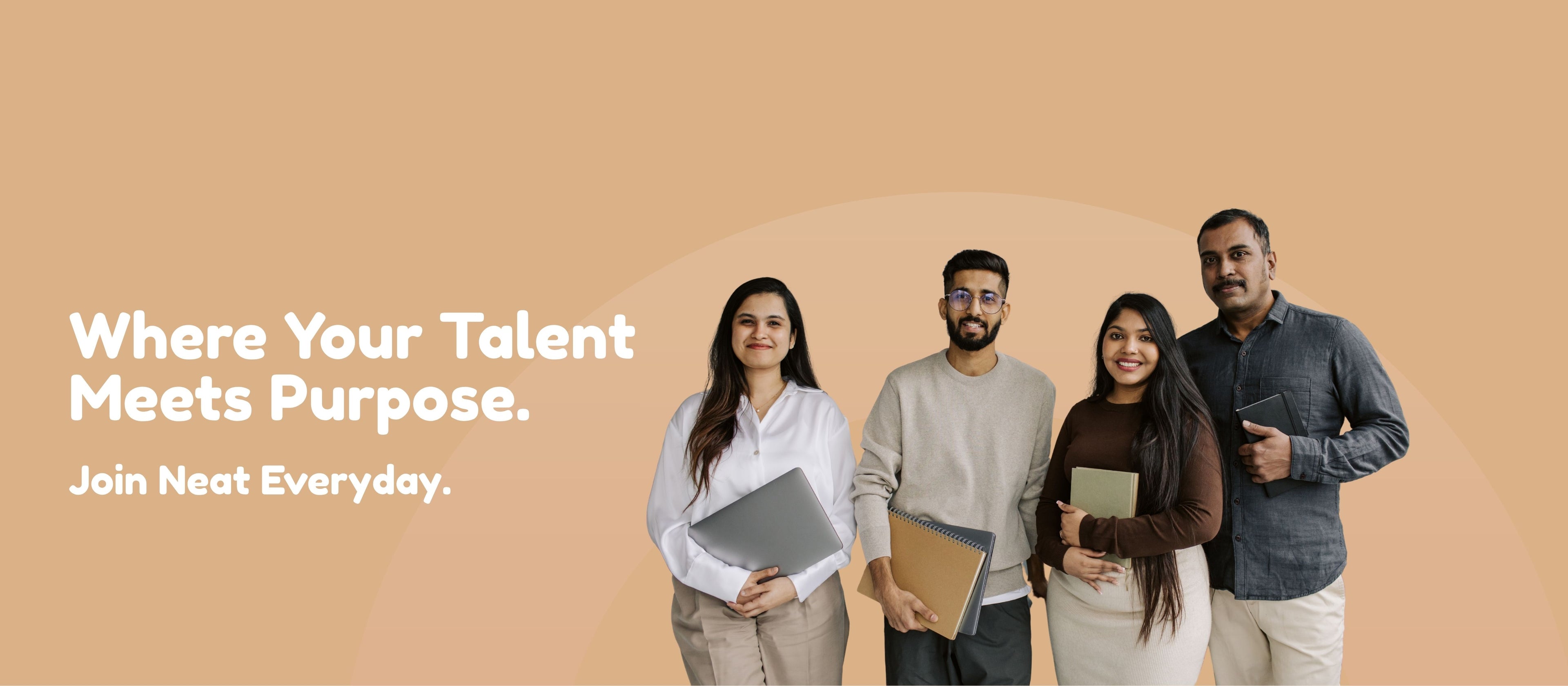 Four people standing together with text about joining a company on a beige background